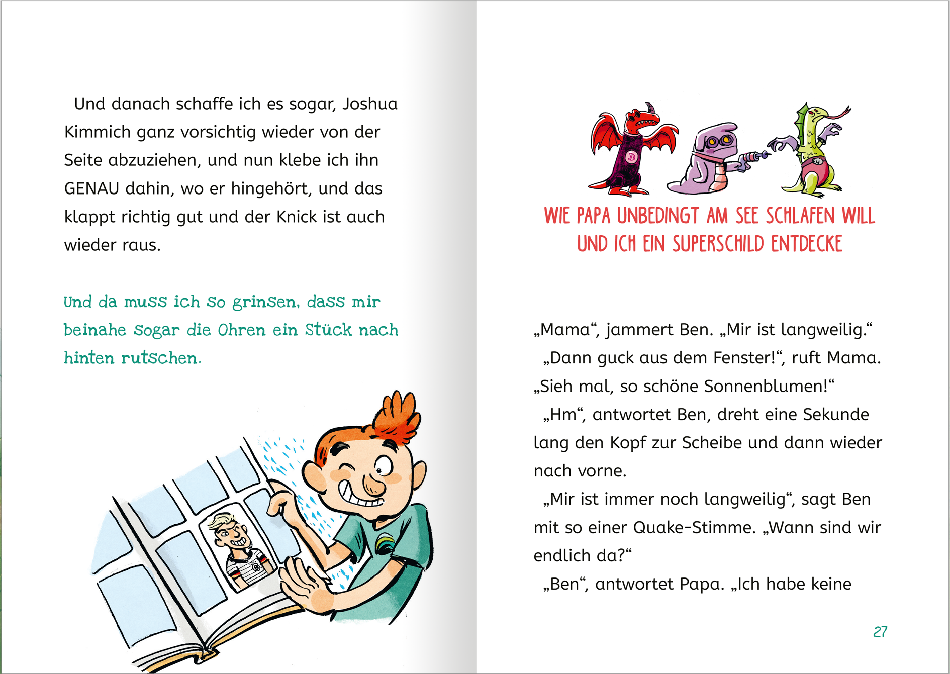 Gezeigt wird eine Innen- oder Zusatzansicht von „Ich und meine Chaos-Brüder – Achtung, fertig, Ferien!“. Die Seite zeigt einen bunten Comic-Stil mit lebhaften Illustrationen. Die Texte sind in kindgerechter, klarer Schrift gehalten, wobei zentrale Dialoge in größerer Schrift hervorgehoben sind. Die Farben sind hell und ansprechend.