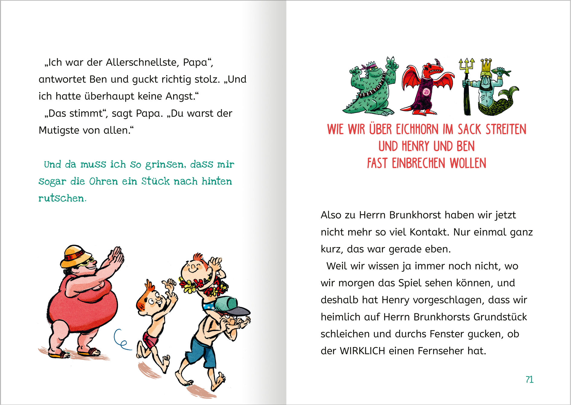 Gezeigt wird eine Innen- oder Zusatzansicht von „Ich und meine Chaos-Brüder – Achtung, fertig, Ferien!“. Darauf befinden sich farbenfrohe, verspielte Illustrationen, begleitet von humorvollen Texten in bunten, unterschiedlichen Schrifttypen. Die Hintergrundfarbe ist hell.