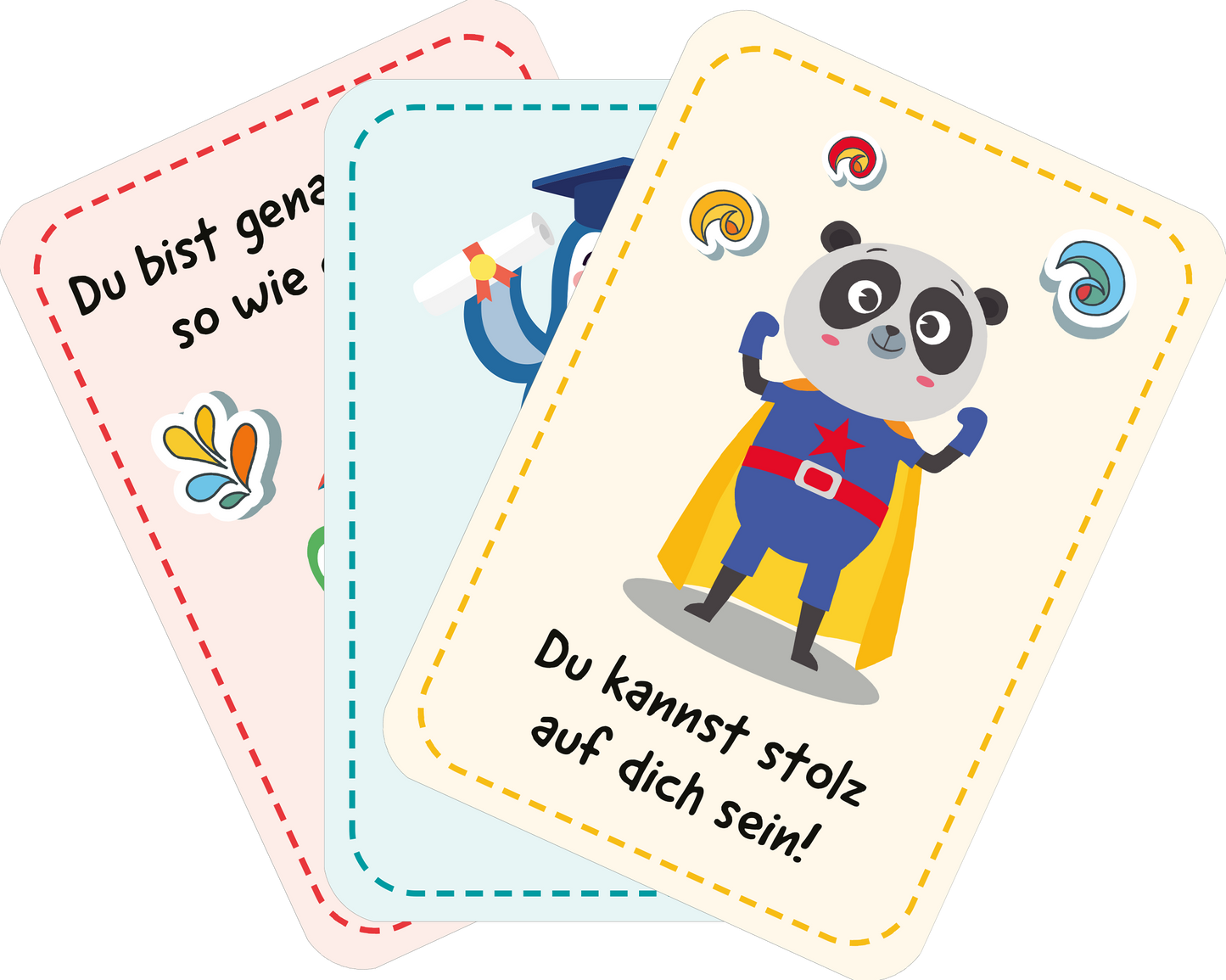 Gezeigt wird eine Innen- oder Zusatzansicht von „Mutmachkarten für die Schule“. Die Abbildung zeigt drei bunte Karten mit unterschiedlichen Hintergrundfarben: eine rosa, eine hellblaue und eine gelbe Karte. Jede Karte ist mit einer aufmunternden Botschaft in großer, gut lesbarer Schrift versehen. Auf der gelben Karte steht „Du kannst stolz auf dich sein!“ Neben den Texten sind fröhliche Illustrationen, wie ein Superhelden-Panda und bunte Süßigkeiten, abgebildet, die die Karten...