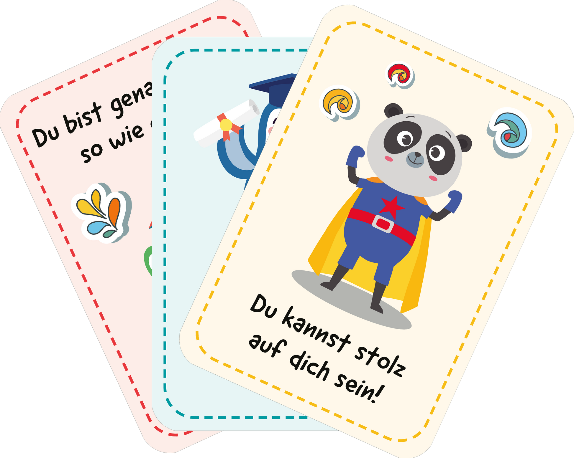 Gezeigt wird eine Innen- oder Zusatzansicht von „Mutmachkarten für die Schule“. Die Abbildung zeigt drei bunte Karten mit unterschiedlichen Hintergrundfarben: eine rosa, eine hellblaue und eine gelbe Karte. Jede Karte ist mit einer aufmunternden Botschaft in großer, gut lesbarer Schrift versehen. Auf der gelben Karte steht „Du kannst stolz auf dich sein!“ Neben den Texten sind fröhliche Illustrationen, wie ein Superhelden-Panda und bunte Süßigkeiten, abgebildet, die die Karten...