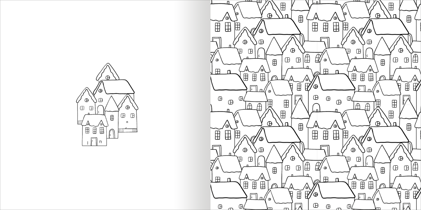 Gezeigt wird eine Innen- oder Zusatzansicht von „Mein zauberhafter Ausmal-Adventskalender“. Die linke Seite zeigt eine einzelne, skizzenhafte Darstellung eines kleinen Hauses mit einem Spitzdach, während die rechte Seite ein Muster aus zahlreichen Häusern in verschiedenen Größen und Formen präsentiert. Alle Elemente sind in klaren, schwarzen Linien gehalten und stehen auf einem weißen Hintergrund, der einen starken Kontrast erzeugt und zur kreativen Ausmalung einlädt.