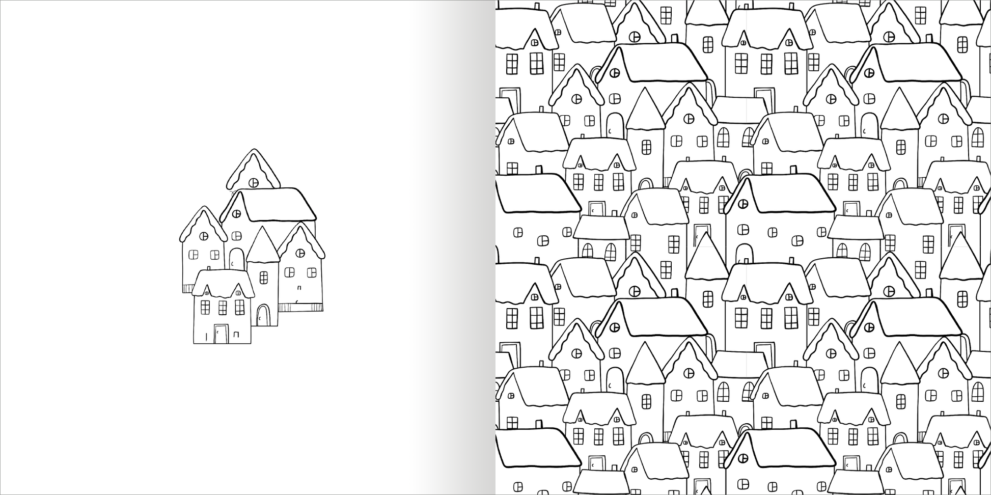 Gezeigt wird eine Innen- oder Zusatzansicht von „Mein zauberhafter Ausmal-Adventskalender“. Die linke Seite zeigt eine einzelne, skizzenhafte Darstellung eines kleinen Hauses mit einem Spitzdach, während die rechte Seite ein Muster aus zahlreichen Häusern in verschiedenen Größen und Formen präsentiert. Alle Elemente sind in klaren, schwarzen Linien gehalten und stehen auf einem weißen Hintergrund, der einen starken Kontrast erzeugt und zur kreativen Ausmalung einlädt.