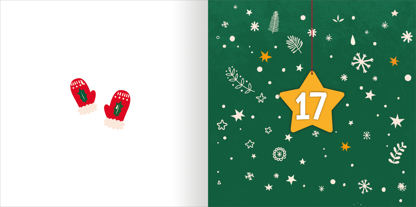 Gezeigt wird eine Innen- oder Zusatzansicht von „Mein zauberhafter Ausmal-Adventskalender“. Die linke Seite zeigt zwei rote Fäustlinge mit grünen Akzenten auf weißem Hintergrund. Die rechte Seite ist in einem tiefen Grünton gehalten und verziert mit winterlichen Motiven wie Schneeflocken, kleinen Sternen und Pflanzen. Ein großer, gelber Stern mit der Zahl 17 hebt sich hervor und verleiht dem Bild eine festliche Note.