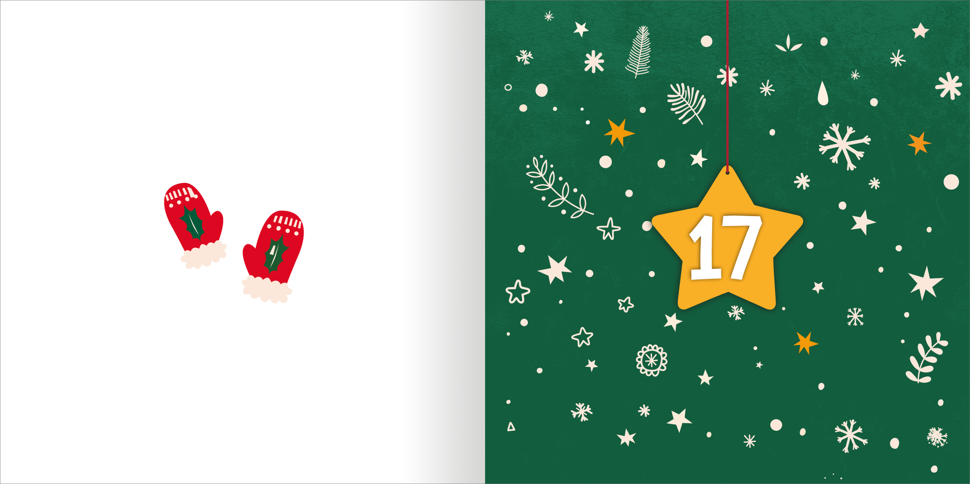 Gezeigt wird eine Innen- oder Zusatzansicht von „Mein zauberhafter Ausmal-Adventskalender“. Die linke Seite zeigt zwei rote Fäustlinge mit grünen Akzenten auf weißem Hintergrund. Die rechte Seite ist in einem tiefen Grünton gehalten und verziert mit winterlichen Motiven wie Schneeflocken, kleinen Sternen und Pflanzen. Ein großer, gelber Stern mit der Zahl 17 hebt sich hervor und verleiht dem Bild eine festliche Note.