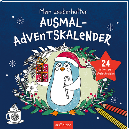 Das Cover zeigt einen blauen Hintergrund mit einer verspielten, winterlichen Illustration. Im Vordergrund steht ein niedlicher, in einen roten Weihnachtsmannhut gekleideter Pinguin, der eine Zuckerstange hält. Verschiedene weihnachtliche Elemente wie Geschenke und Tannenzweige umrahmen den Pinguin. Der Titel „Mein zauberhafter AUSMAL-ADVENTSKALENDER“ ist in weißen, großen Buchstaben verfasst. In der rechten oberen Ecke prangt ein roter Button mit der Aufschrift „24 Seiten zum...