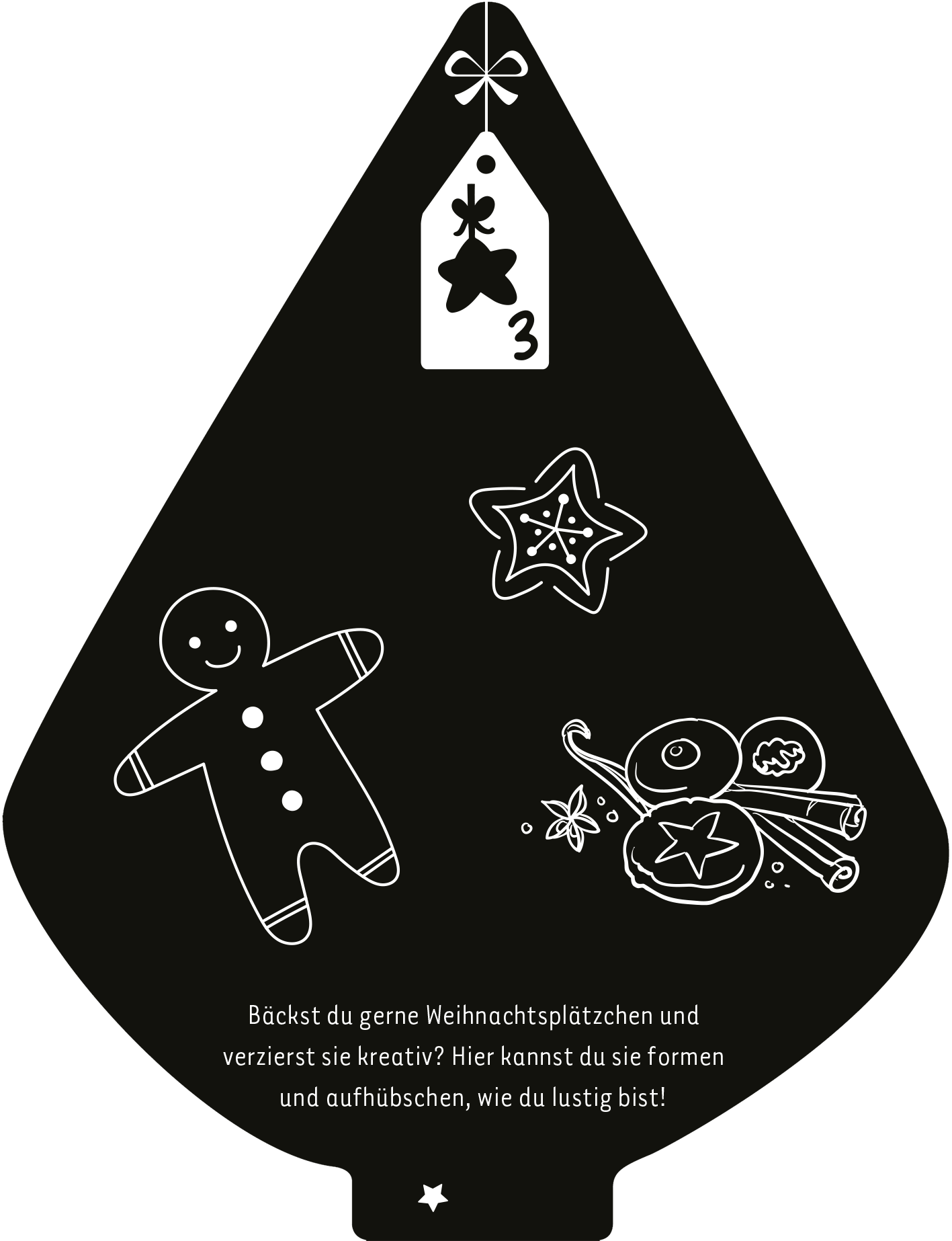 Gezeigt wird eine Innen- oder Zusatzansicht von „Mein Kritzkratz-Adventskalender“. Der Hintergrund ist schwarz, darauf sind in Weiß gezeichnete Motive wie ein Lebkuchenmann, eine Weihnachtsstern-Form und eine dekorierte Weihnachtsplätzchen. Oben befindet sich ein Etikett mit der Zahl 3, geschmückt mit einem kleinen Stern. Die Schrift ist verspielt und freundlich, was die kreative und festliche Atmosphäre des Adventskalenders unterstreicht.