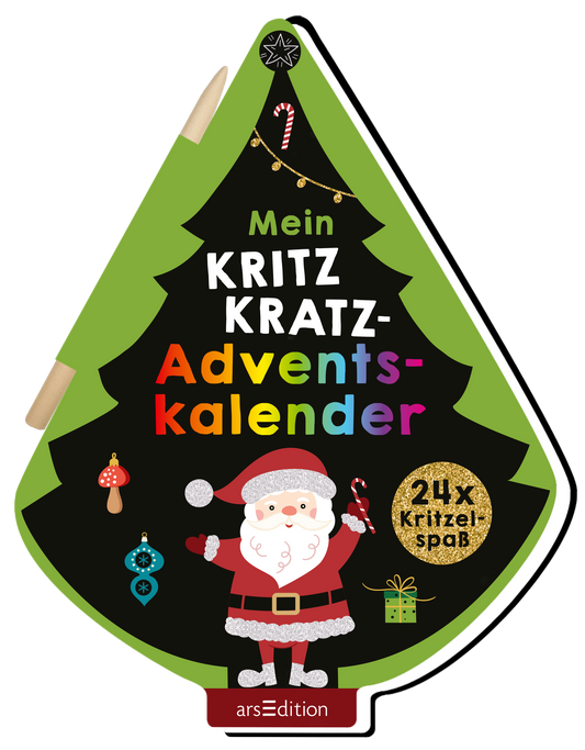 Das Buchcover hat die Form eines Tannenbaums in leuchtendem Grün. Auf schwarzem Hintergrund steht in bunten, verspielten Buchstaben „Mein KRITZ KRATZ-Adventskalender“. Unten ist ein fröhlicher Weihnachtsmann abgebildet, der einen Zuckerstangen hält. Darüber hängen festliche Ornamente, und ein goldener Sticker mit „24x Kritzels Spaß“ ist ebenfalls sichtbar. Ganz unten mittig steht der Logoschriftzug von arsEdition.