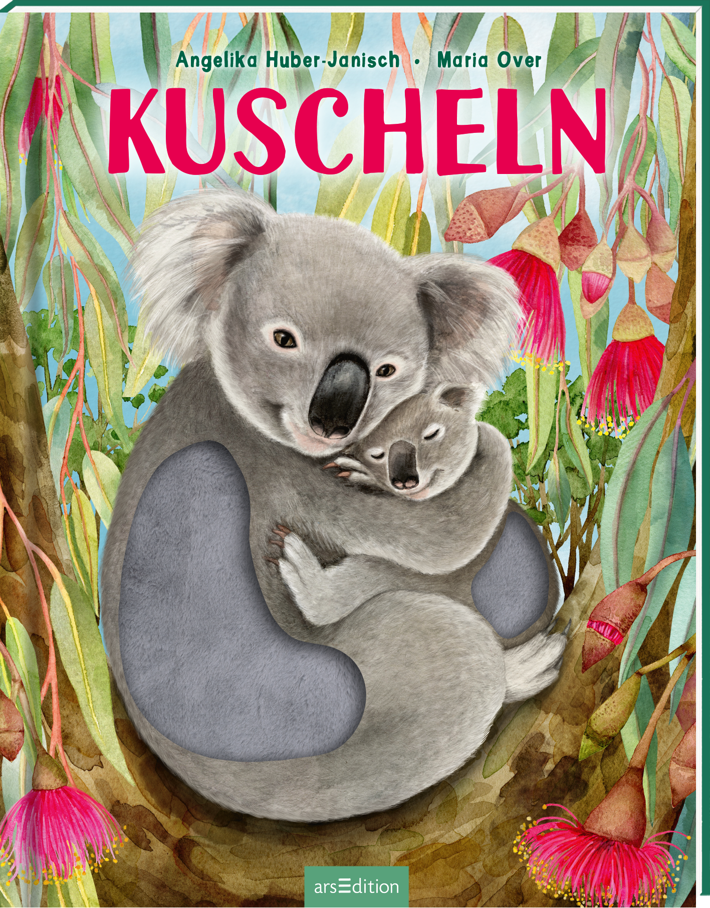 Das bunte Buchcover zeigt zwei kuschelnde Koalas in einer lebhaften, blühenden Umgebung mit üppiger Flora und auffälligen roten Blüten. Der Titel „KUSCHELN“ ist in großen, verspielten pinken Buchstaben oberhalb der Koalas platziert, während die Farben die Wärme und Zuneigung der Szene unterstreichen. Die Namen der Autorinnen, Angelika Huber-Janisch und Maria Over, sind oben auf dem Cover zu sehen. Ganz unten mittig steht der Logoschriftzug von arsEdition.