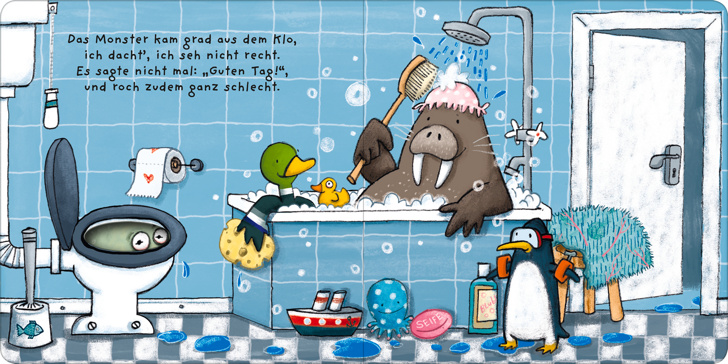 Gezeigt wird eine Innenansicht von „Finger weg!“. Die Illustration zeigt ein humorvolles Badezimmer mit blauen Fliesen. In der Badewanne sitzt ein Walross mit einem rosa Handtuch auf dem Kopf, umgeben von schaumigen Wasserblasen. Eine Ente und ein Pinguin stehen daneben, während ein entsetzter Gesichtsausdruck aus der Toilette schaut. Der Text ist in einem klaren, gut lesbaren Schriftstil in Schwarz gehalten. Bunte Badutensilien und Spielzeug vervollständigen die lebendige Szene.