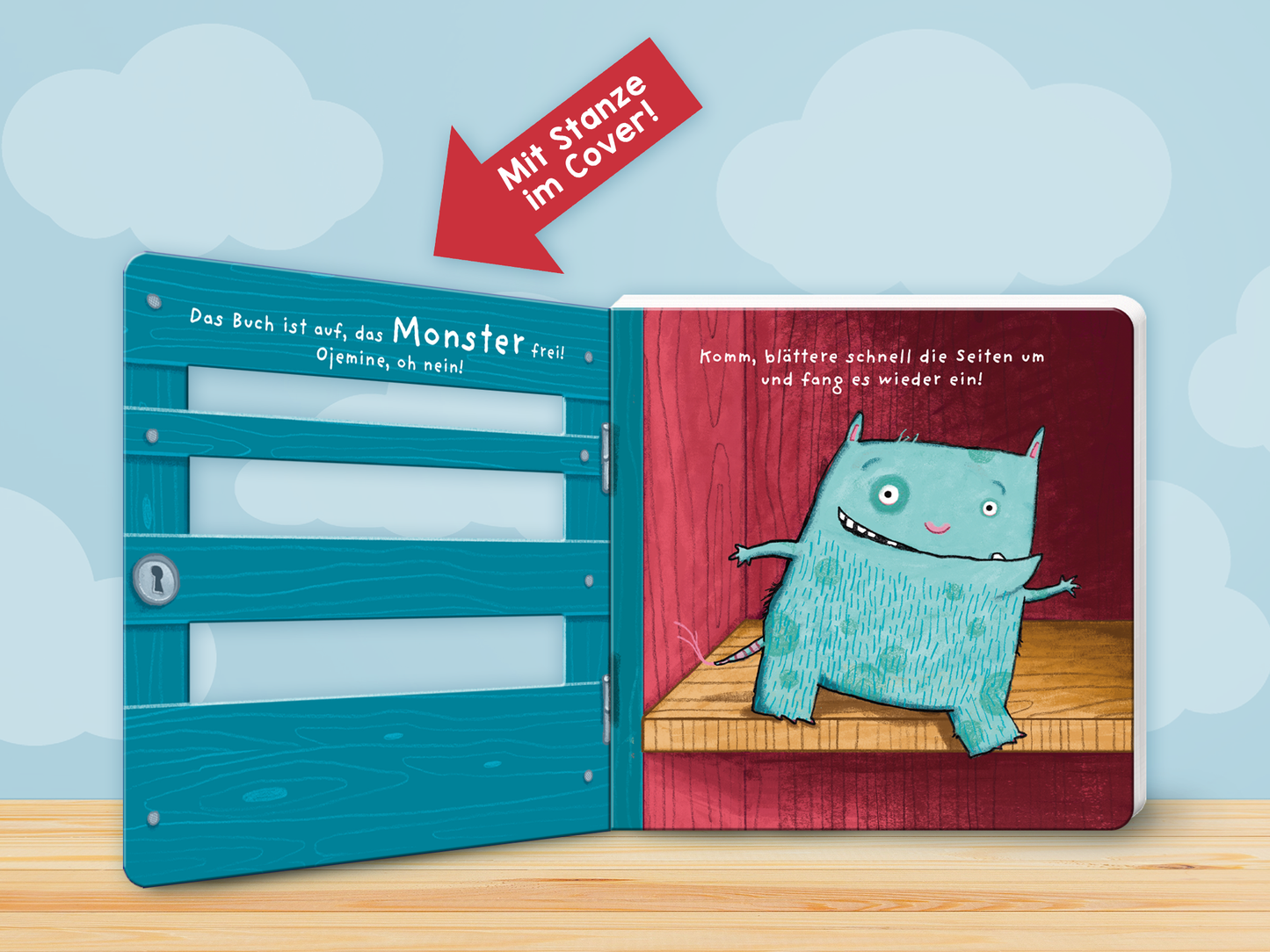 Gezeigt wird eine Innen- oder Zusatzansicht von „Finger weg!“. Die Seite zeigt eine freundliche, cartoonartige Illustration eines blauen Monsters mit großen, ausdrucksvollen Augen. Der Hintergrund ist rot, und der Boden hat einen holzähnlichen Look. Auf der linken Seite sind mehrere Fenster in Form von schmalen, horizontalen Streifen, die eine spielerische Zugänglichkeit suggerieren. Der Text ist in einer klaren, verspielten Schriftart gehalten und hebt zentrale Botschaften hervor.