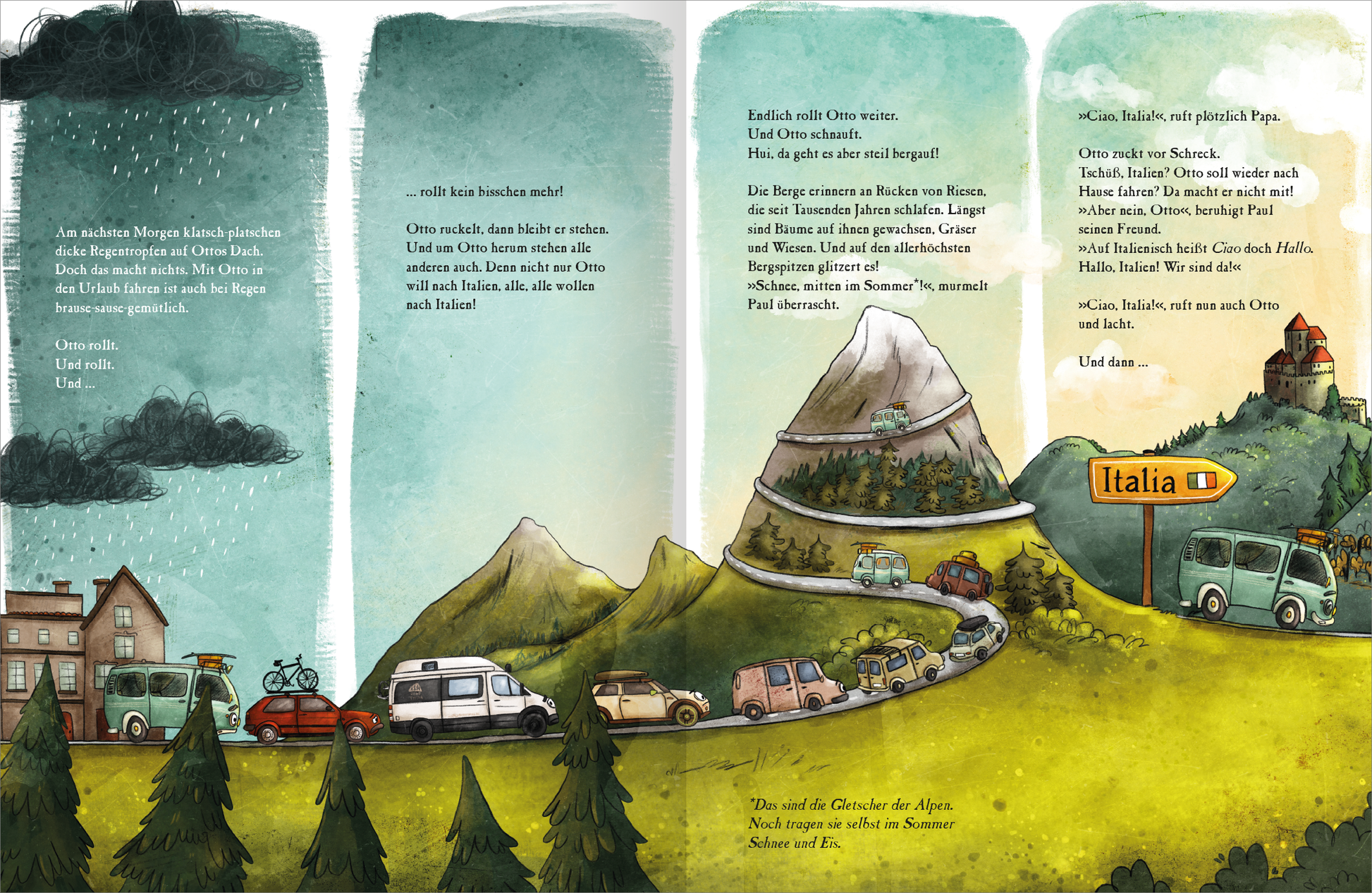 Gezeigt wird eine Innen- oder Zusatzansicht von „OTTO fährt los – Ein Sommer in Italien“. Die Illustration zeigt eine malerische Landschaft mit sanften Hügeln, Bergketten und stürmischem Wetter in kühlen Grautönen, die kontrastierend zu den bunten Fahrzeugen und dem grünen Wald stehen. Die Fahrzeuge reihen sich auf einer Straße aneinander und stehen über den Brenner im Stau Richtung Italien. Die Typografie ist verspielt und kindgerecht, mit handschriftlichem Stil, der die...