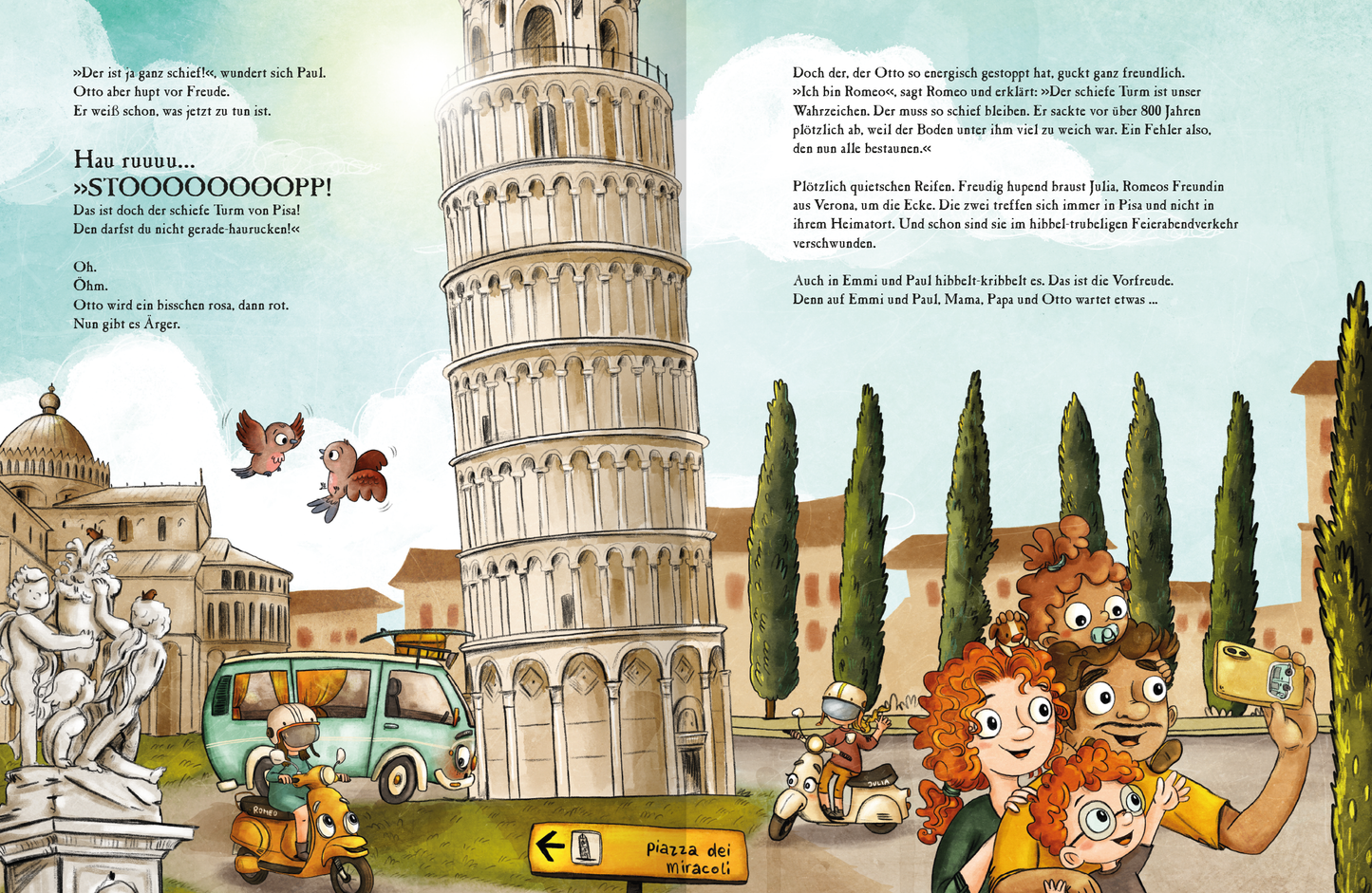 Gezeigt wird eine Innen- oder Zusatzansicht von „OTTO fährt los – Ein Sommer in Italien“. Die Illustration zeigt eine lebendige Szene auf dem Platz der Wunder in Pisa, mit dem schiefen Turm im Hintergrund. Der türkise Campingbus versucht den Turm gerade zu rucken. Die Familie posiert vor dem Turm für ein Selfie. Dahinter fahren zwei Vespas namens Romeo und Julia.  Die Farben sind hell und einladend, mit kräftigen Gelbtönen und sanften Grüntönen. Die Schrift ist spielerisch und gut...