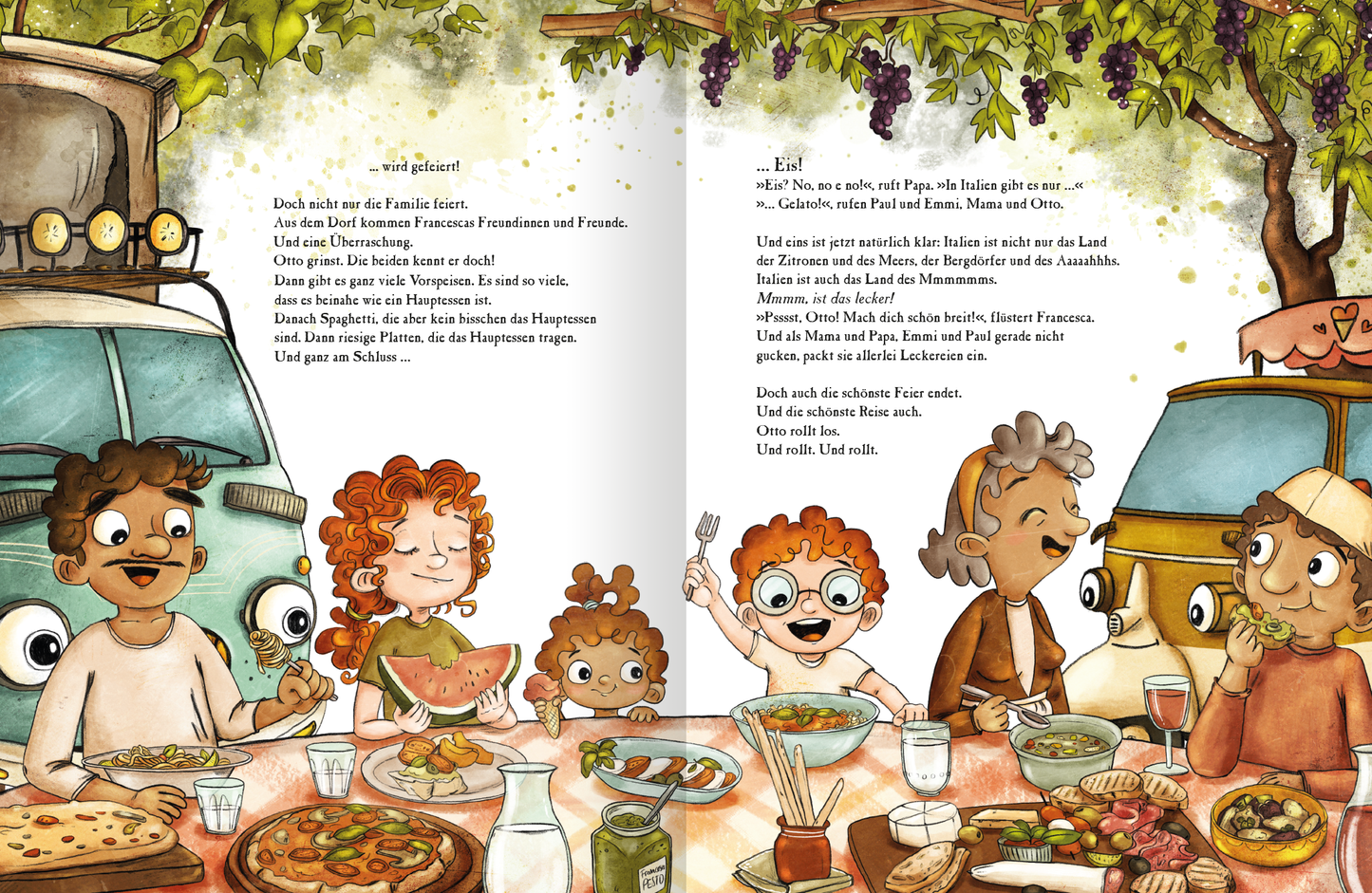 Gezeigt wird eine Innen- oder Zusatzansicht von „OTTO fährt los – Ein Sommer in Italien“. Die Seite zeigt eine lebendige Szene mit fröhlichen Kindern und Erwachsenen, die an einem langen Tisch voller italienischer Speisen sitzen: Pizza, Caprese, Antipasti, Käse, Wurst, Ciabatta und Pesto. Im Hintergrund steht der Campingbus und daneben eine Ape. Die Farben sind warm und einladend, mit verschiedenen Nuancen von Grün und Gelb durch die Umgebungsvegetation. Die Typografie ist verspielt...