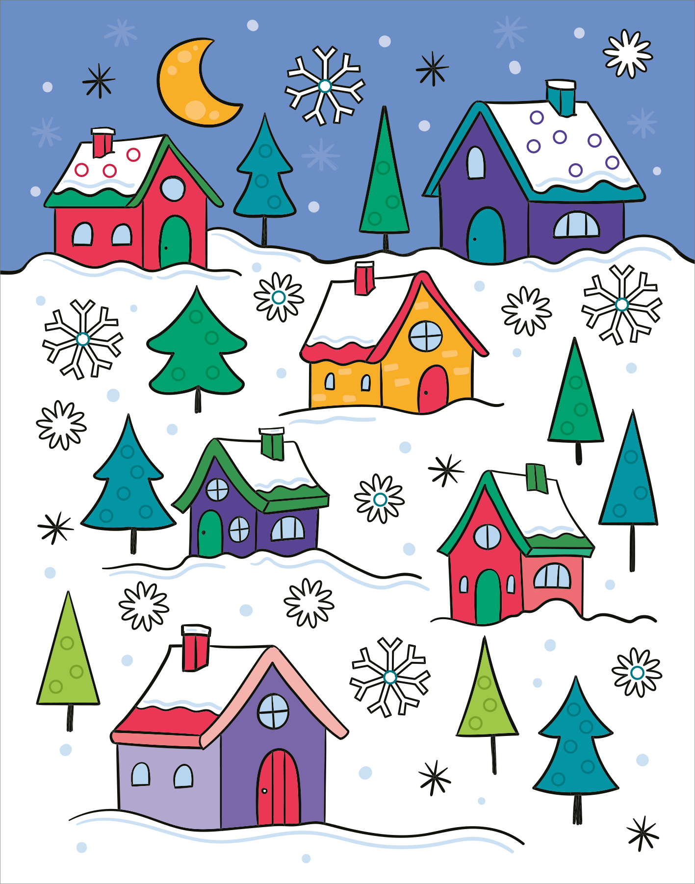 Gezeigt wird eine Innen- oder Zusatzansicht von „Mein Diamant-Stickerheft – Wintertraum“. Die Abbildung zeigt eine winterliche Szene mit bunten Häusern in Rot, Violett und Gelb, umgeben von schneebedeckten Bäumen und weißen Schneeflocken. Der blaue Himmel ist mit einem gelben Mond verziert. Die Schneeflocken und Eiskristalle sind unterschiedlich geformt und gestaltet. Bunte Ringe, die überall im Bild verteilt sind, zeigen an, wo die Diamantsticker hingeklebt werden können.