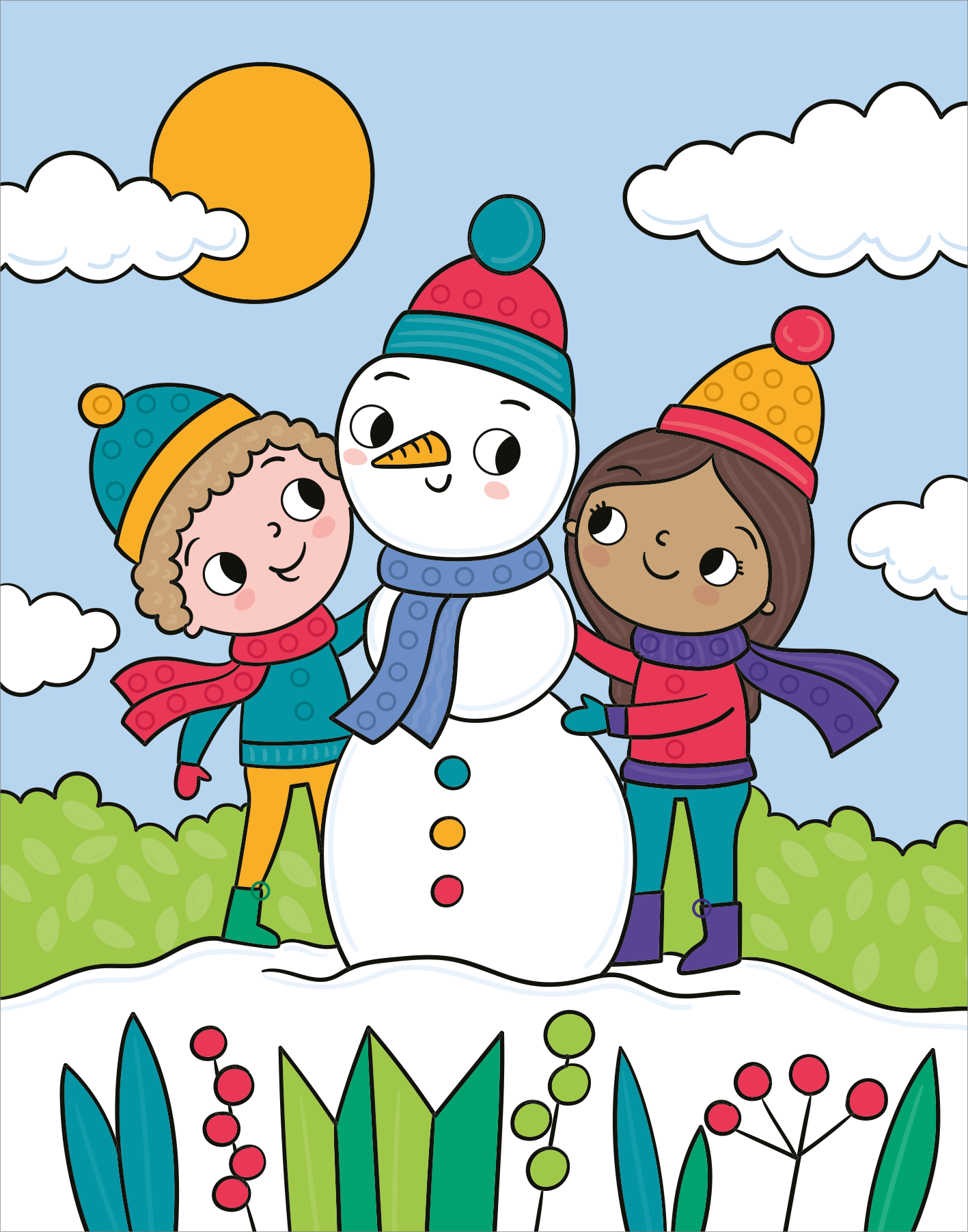 Gezeigt wird eine Innen- oder Zusatzansicht von „Mein Diamant-Stickerheft – Wintertraum“. Die Illustration zeigt zwei fröhliche Kinder, die einen Schneemann bauen. Die Kinder tragen bunte Wintermützen und Schals. Der Schneemann hat eine Karotte als Nase und ist mit farbigen Knöpfen versehen. Im Hintergrund sind eine strahlende Sonne, weiße Wolken und eine grüne Landschaft zu sehen, ergänzt durch bunte Pflanzen. Die gesamte Farbgestaltung ist lebhaft und freundlich.