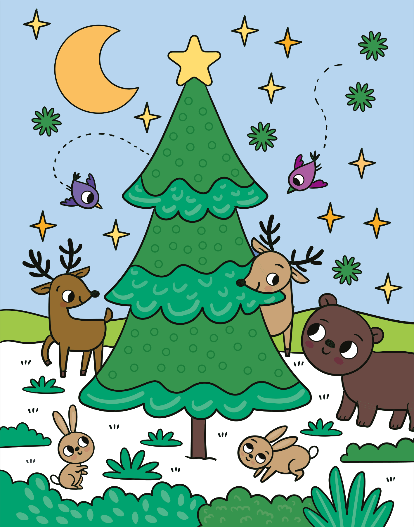 Gezeigt wird eine Innen- oder Zusatzansicht von „Mein Diamant-Stickerheft – Wintertraum“. Die Illustration zeigt einen großen, grünen Weihnachtsbaum mit einerm Stern an der Spitze, umgeben von fröhlichen Tieren wie Rehen, einem Bären und Hasen. Der Hintergrund ist in sanften Blau- und Grüntönen gehalten, ergänzt von einem hellen Mond und leuchtenden Sternen. Die Figuren sind einfach und cartoonhaft gestaltet, mit freundlichen Gesichtsausdrücken.
