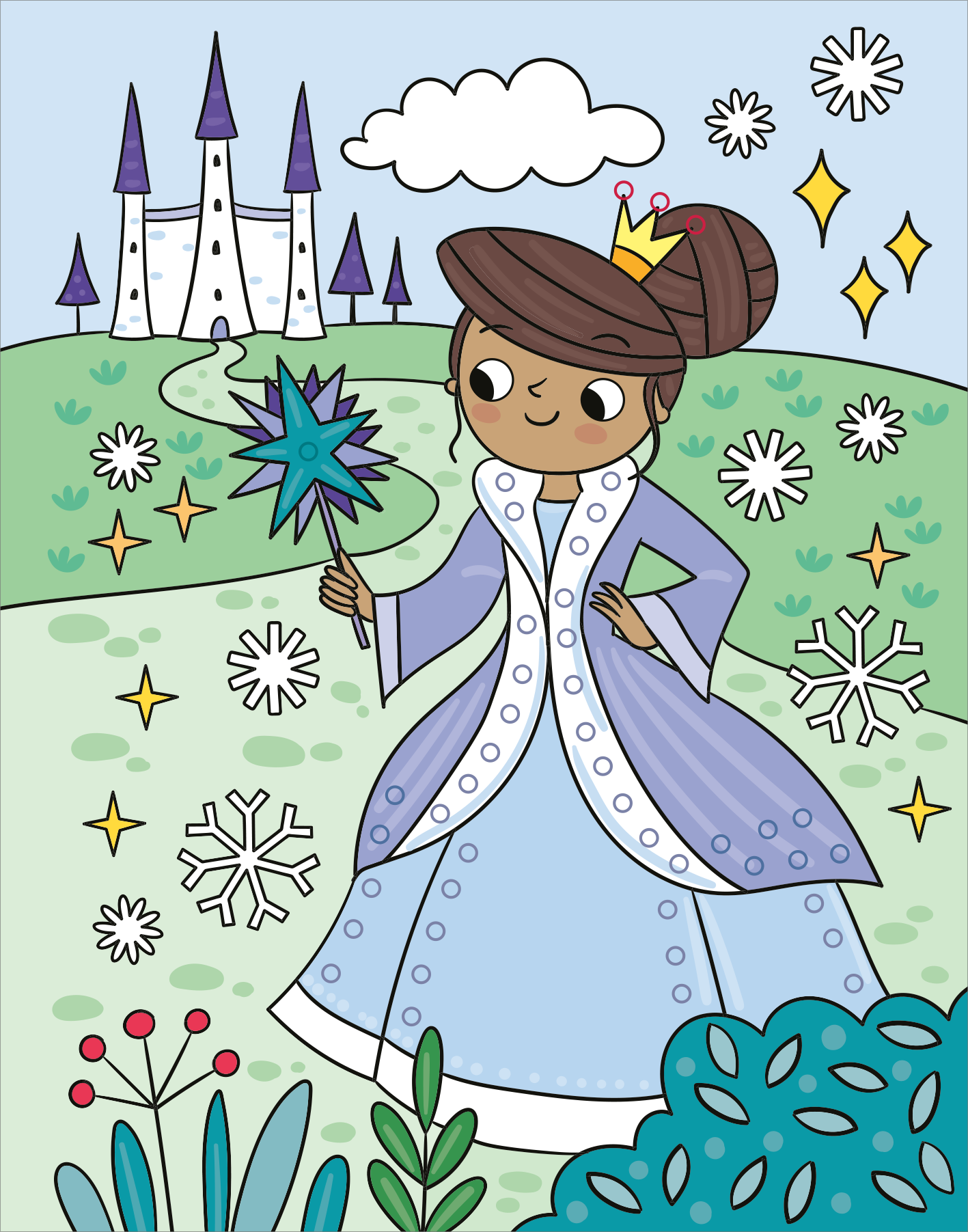 Gezeigt wird eine Innen- oder Zusatzansicht von „Mein Diamant-Stickerheft – Prinzessinnen“. Die Illustration zeigt eine elegante Prinzessin in einem bodenlangen, hellblauen Kleid mit weißen Akzenten und einer goldenen Krone auf den hochgesteckten brauenen Haaren. Sie hält einen funkelnden Zauberstab in der Hand. Im Hintergrund ist ein märchenhaftes Schloss mit lila Türmen und einer grünen Landschaft mit bunten Blumen zu sehen. Der Himmel ist hellblau mit einer Wolke und glitzernden...