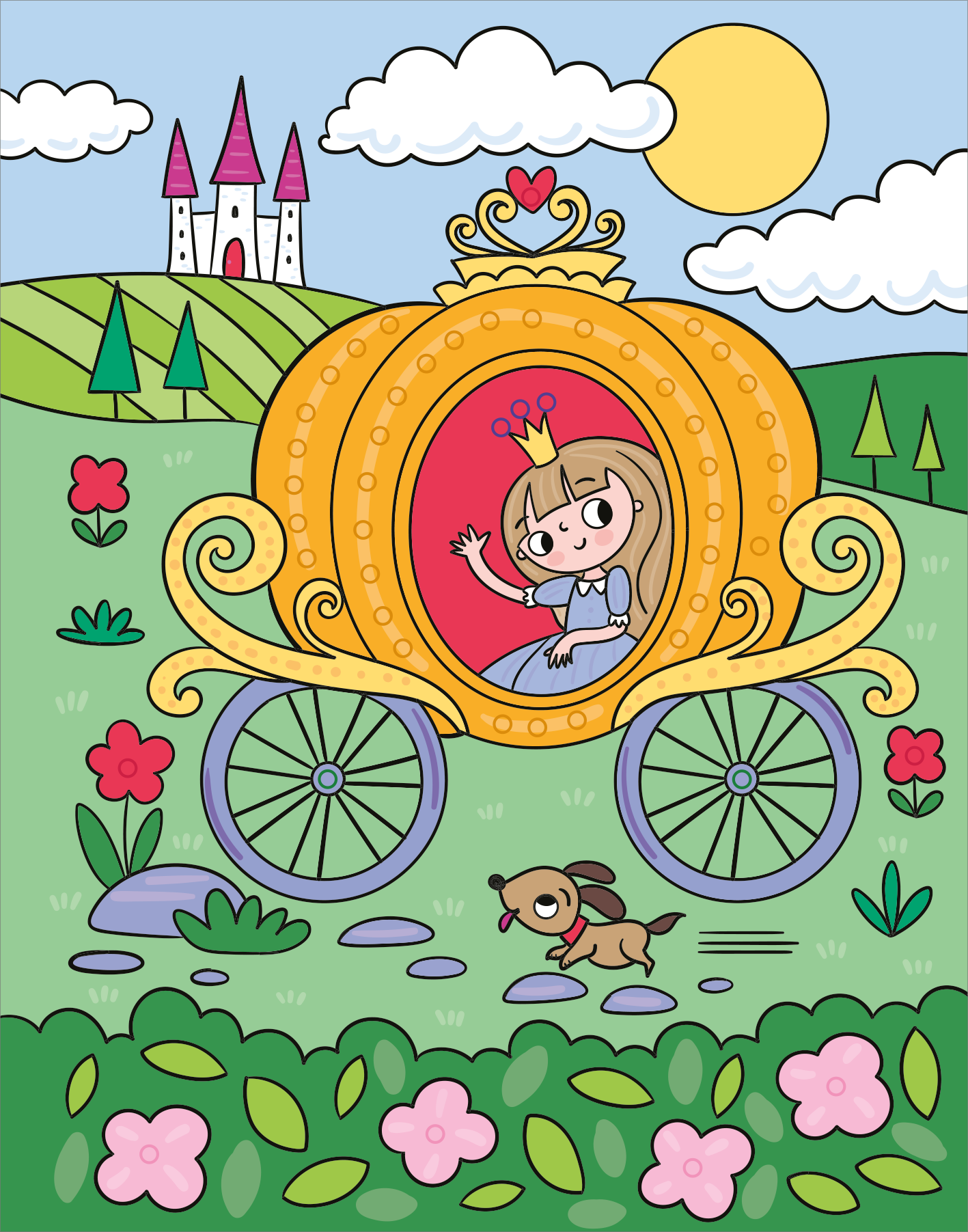 Gezeigt wird eine Innen- oder Zusatzansicht von „Mein Diamant-Stickerheft – Prinzessinnen“. Das Bild zeigt eine fröhliche Prinzessin in einer goldenen Kutsche, die durch eine grüne Landschaft fährt. Die Kutsche ist reich verziert und hat große Räder. Im Hintergrund erheben sich ein Märchenschloss mit pinken Türmen und stilisierte Bäumen. Die Farben sind hell und lebendig, mit dominierenden Gelb-, Grün- und Rosatönen.