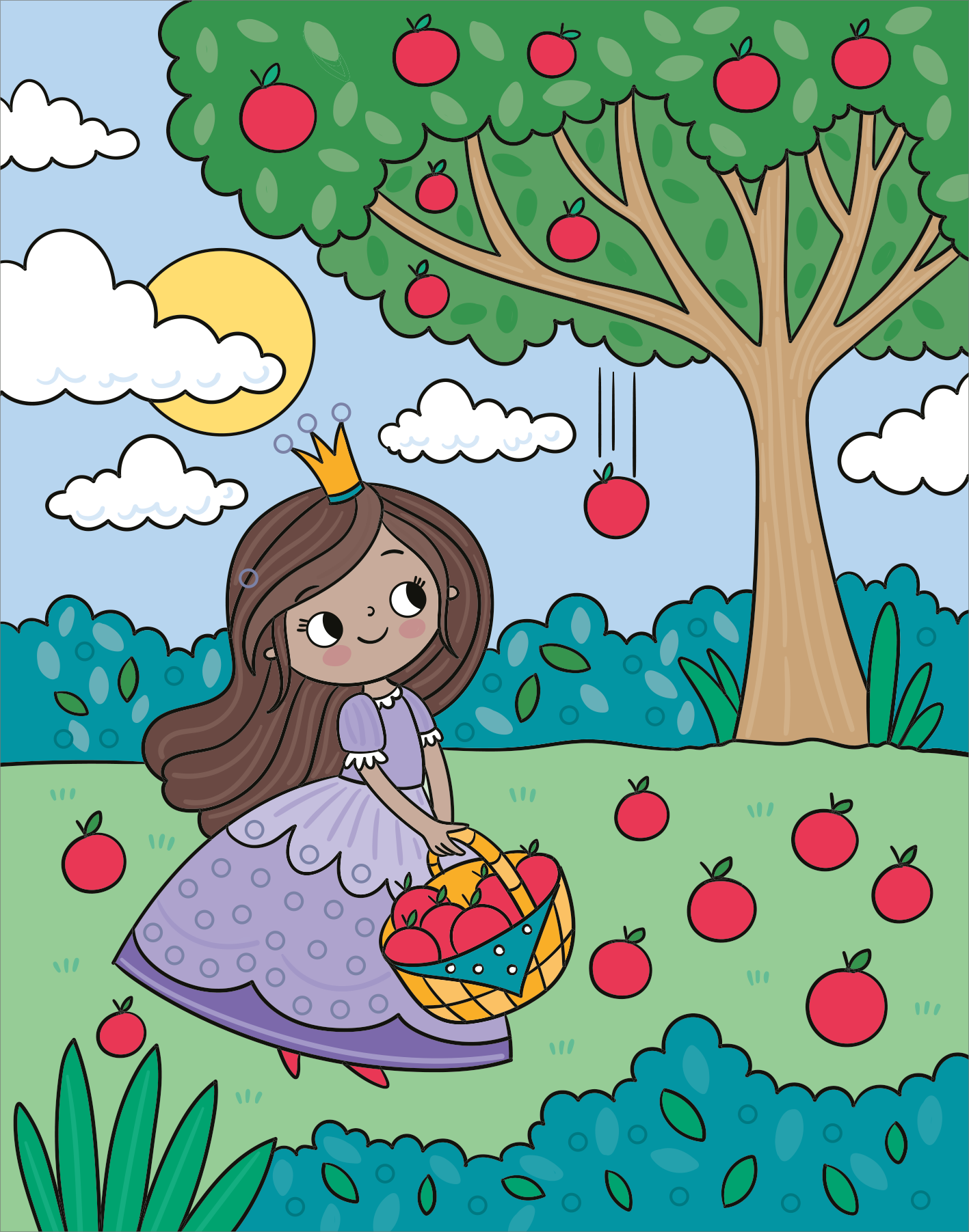 Gezeigt wird eine Innen- oder Zusatzansicht von „Mein Diamant-Stickerheft – Prinzessinnen“. Die Illustration zeigt ein Mädchen in einem lila Kleid mit einer Krone, das einen Korb mit roten Äpfeln hält. Umgeben von einem großen Baum mit roten Äpfeln und einer hellen Sonne am Himmel. Der Hintergrund ist lebendig in verschiedenen Grüntönen gehalten, mit stimmungsvollem Himmel und weißen Wolken, was eine freundliche und farbenfrohe Atmosphäre schafft.