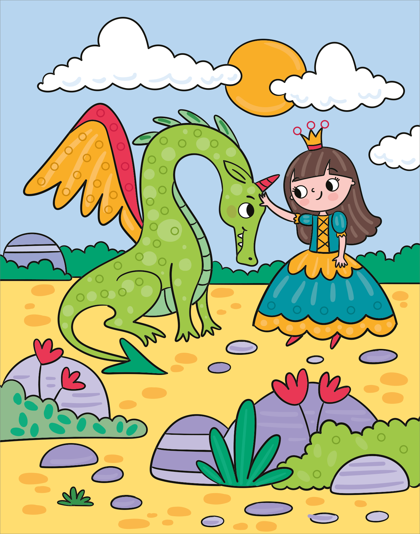 Gezeigt wird eine Innen- oder Zusatzansicht von „Mein Diamant-Stickerheft – Prinzessinnen“. Die Illustration zeigt ein fröhliches Mädchen in einem blauen und gelben Prinzessinnenkleid, das einen grünen Drachen mit bunten Flügeln freundlich streichelt. Sie stehen auf einer gelben Sandfläche mit runden Steinen und grünen Pflanzen, während die Sonne und leuchtend weiße Wolken den Himmel schmücken. Die Farben sind lebhaft und ansprechend, ideal für junge Betrachter.