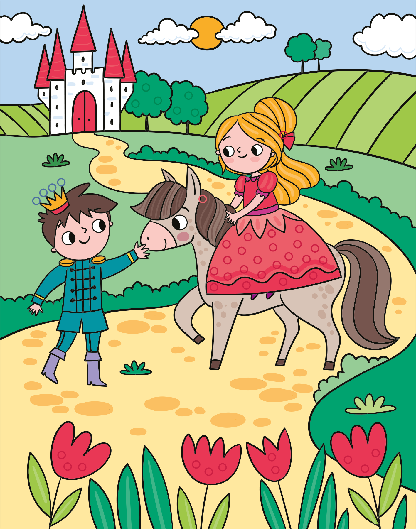 Gezeigt wird eine Innen- oder Zusatzansicht von „Mein Diamant-Stickerheft – Prinzessinnen“. Die Illustration zeigt einen Prinzen und eine Prinzessin auf einem Weg, der zu einem Schloss führt. Die Prinzessin reitet auf einem braunen Pferd und trägt ein rotes Kleid mit Punkten. Der Prinz in blauer Kleidung hält streichelt liebevoll das Pferd. Im Hintergrund sind grüne Wiesen, Wolken und die Sonne zu sehen. Rote Tulpen und sanfte Hügel ergänzen die bunte Szene.