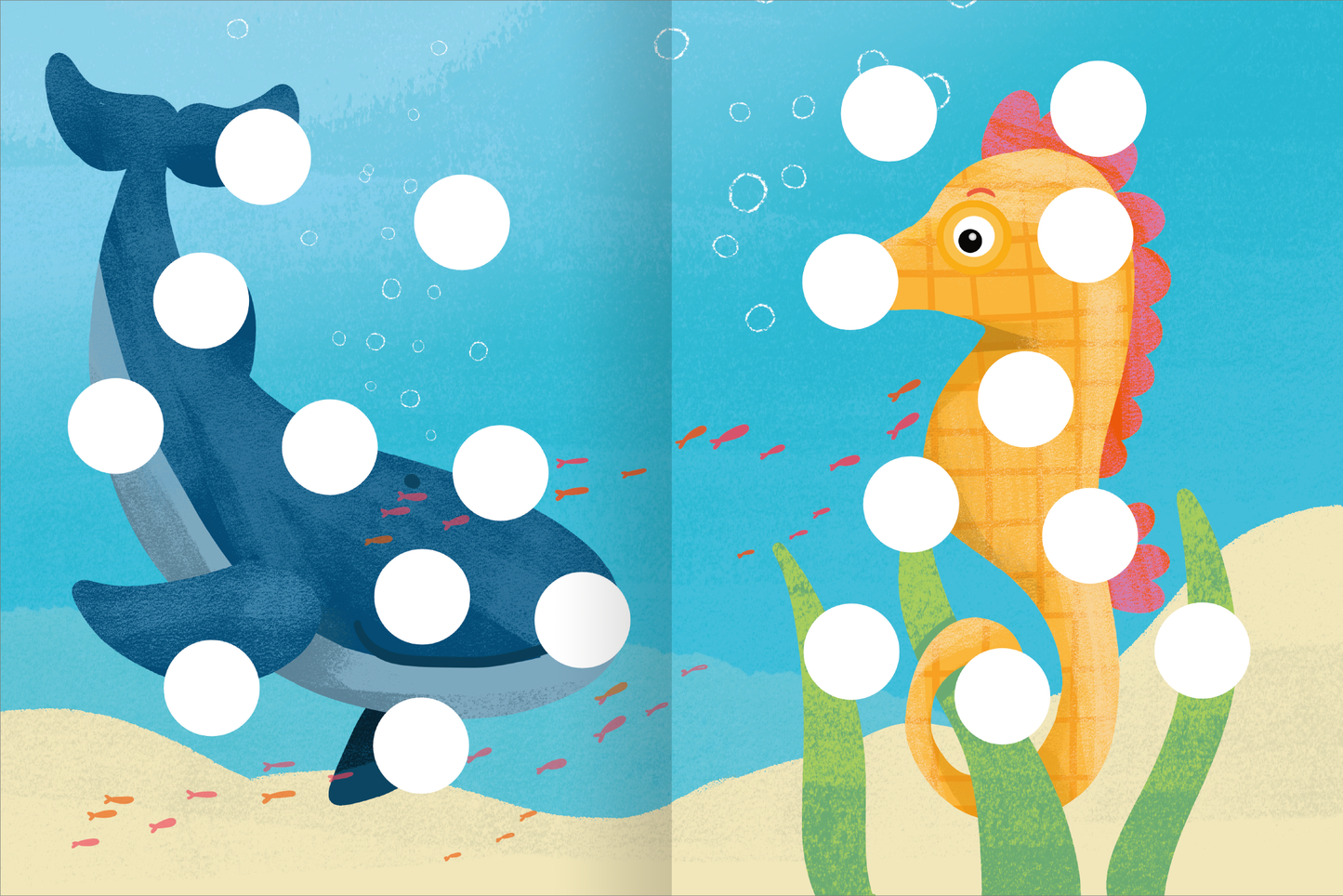 Gezeigt wird eine Innen- oder Zusatzansicht von „Meine Puzzle-Sticker – Lieblingstiere“. Das Bild zeigt eine bunte Unterwasserlandschaft mit einem blauen Wal und einem orangefarbenen Seepferdchen. Beide Tiere sind mit kreisförmigen Löchern versehen, die Platz für Sticker bieten. Die sanften Farben des Wassers und die dargestellten Fische sind lebhaft, während die Hintergrundgestaltung die Unterwasserwelt harmonisch ergänzt. Die Typografie ist klar und kindgerecht gestaltet.