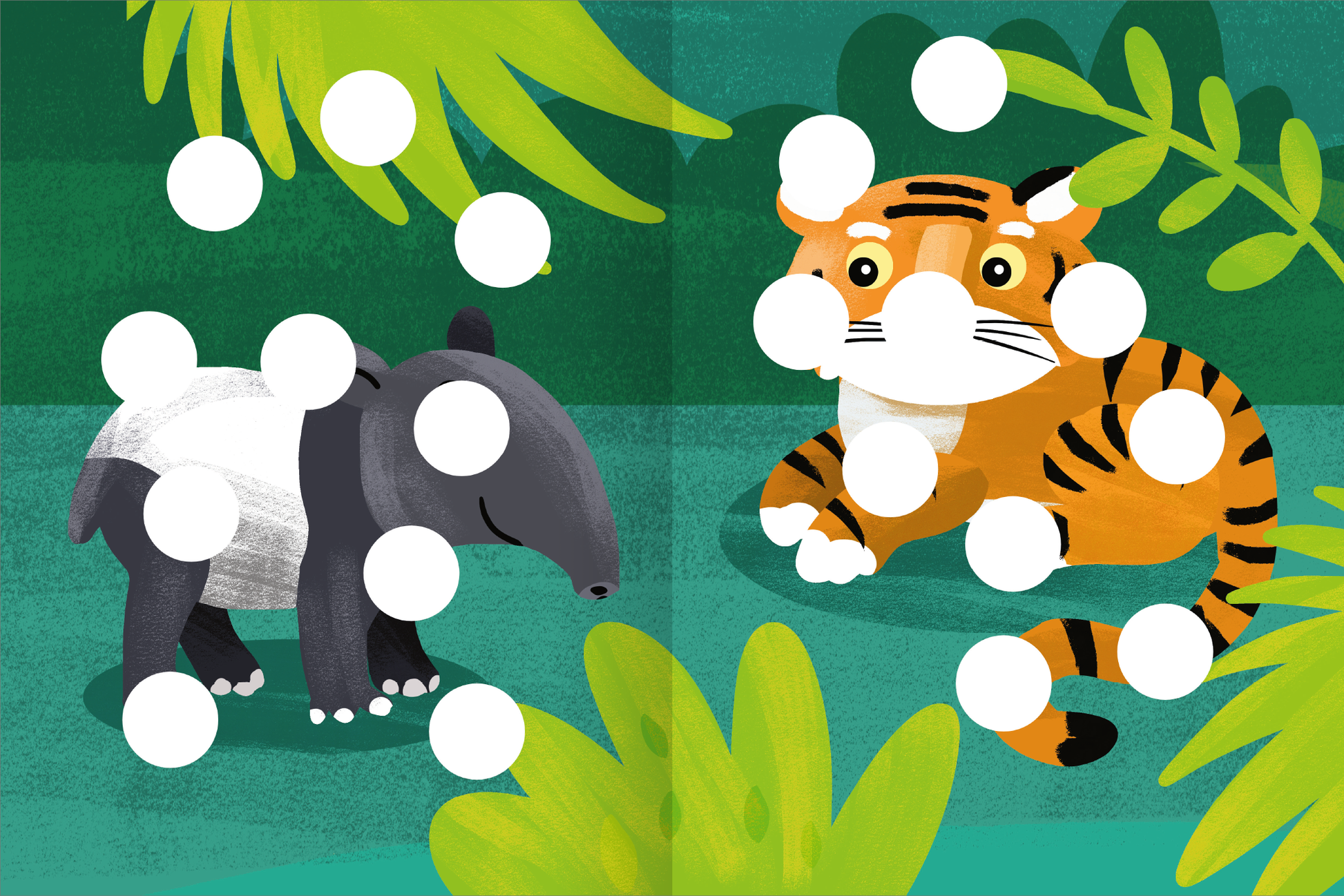 Gezeigt wird eine Innen- oder Zusatzansicht von „Meine Puzzle-Sticker – Lieblingstiere“. Die Illustration zeigt einen schwarz-weißen Ameisenbären und einen orange-schwarz gestreiften Tiger, umgeben von grünen Blättern. Weiße, runde Flächen sind strategisch verteilt und laden zum Ausfüllen ein. Die Farben sind lebhaft und freundlich, während die typografischen Elemente klar und spielerisch gestaltet sind, um die Aufmerksamkeit junger Kinder anzusprechen.