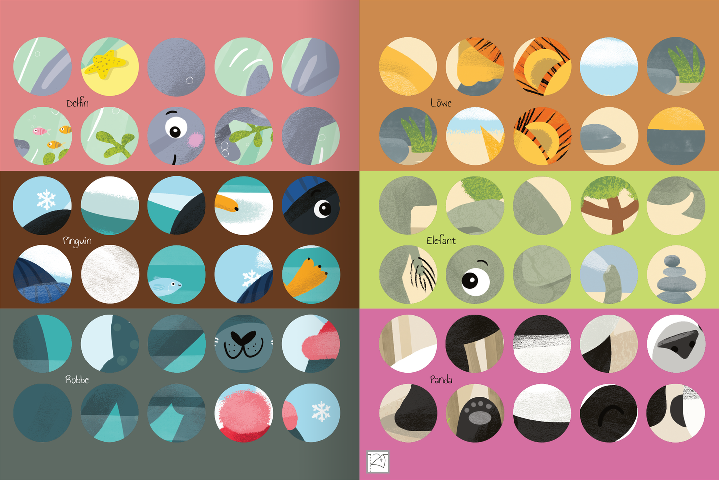 Gezeigt wird eine Innen- oder Zusatzansicht von „Meine Puzzle-Sticker – Lieblingstiere“. Die Darstellung zeigt bunte, kreisförmige Sticker in verschiedenen Farbtönen, die Tiere und Naturmotive repräsentieren. Zu den Farben gehören zarte Blau- und Grüntöne, warmes Braun, und lebhaftes Rosa. Die Typografie ist spielerisch, mit großen, klaren Schriftzeichen für die Tiernamen. Die Bilder sind stilisiert und ansprechend für Kinder gestaltet, fördern die visuelle Wahrnehmung und...