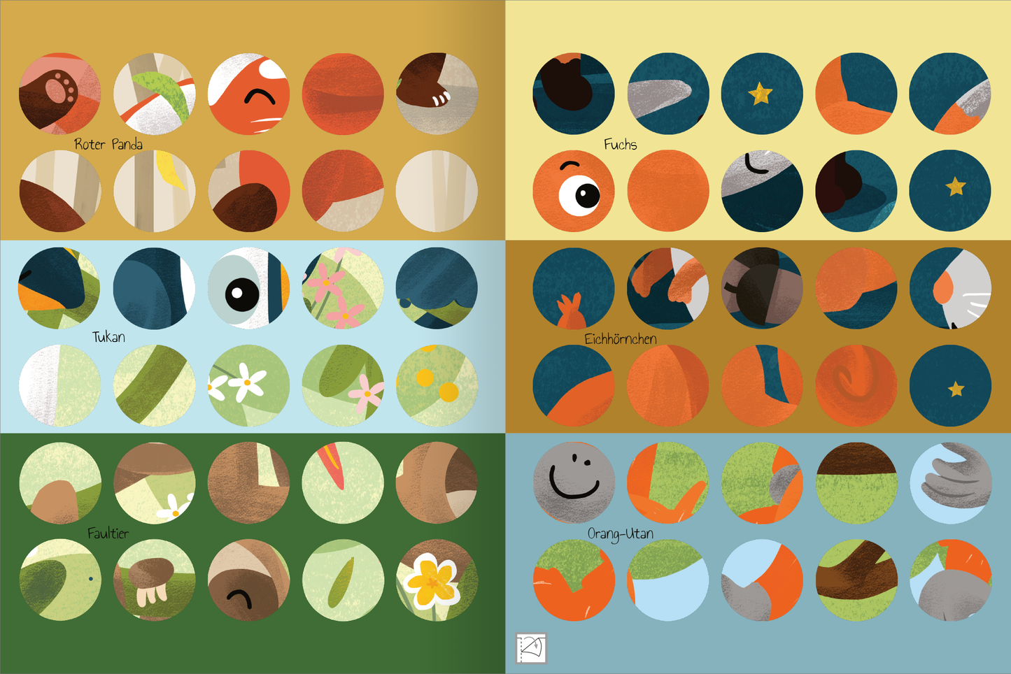 Gezeigt wird eine Innen- oder Zusatzansicht von „Meine Puzzle-Sticker – Lieblingstiere“. Die Darstellung enthält unterschiedliche runde Felder mit charakteristischen Illustrationen von Tieren, darunter ein Roten Panda, einen Fuchs und einen Tukan. Die Farbpalette umfasst warme Töne wie Orange und Braun sowie kühlere Farben wie Blau und Grün. Die Typografie ist kinderfreundlich und spielerisch gestaltet, wobei die Tiernamen in klaren, gut lesbaren Buchstaben angezeigt werden.