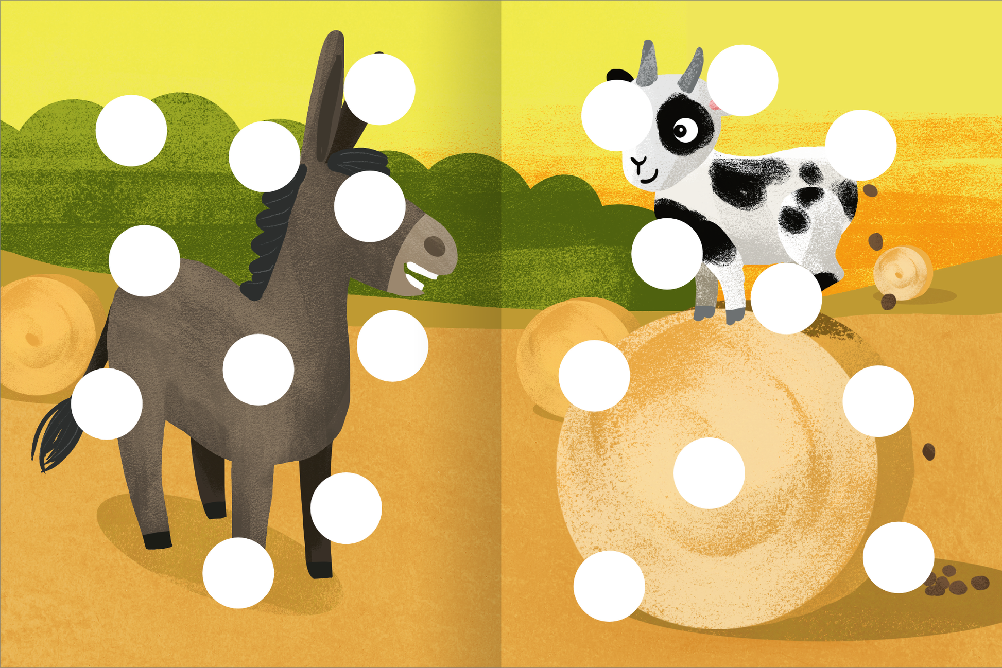 Gezeigt wird eine Innen- oder Zusatzansicht von „Meine Puzzle-Sticker – Bauernhof“. Die Illustration zeigt einen Esel mit dunklem Fell und ein schwarz-weißes Zicklein, das auf einer Heuballen sitzt. Der Hintergrund ist in sanften Gelb- und Grüntönen gehalten, was die ländliche Atmosphäre unterstreicht. Runde, weiße Bereiche sind für die Puzzle-Sticker vorgesehen und heben die Tiere visuell hervor. Die fröhliche Typografie trägt zur kindgerechten Gestaltung des Produkts bei.