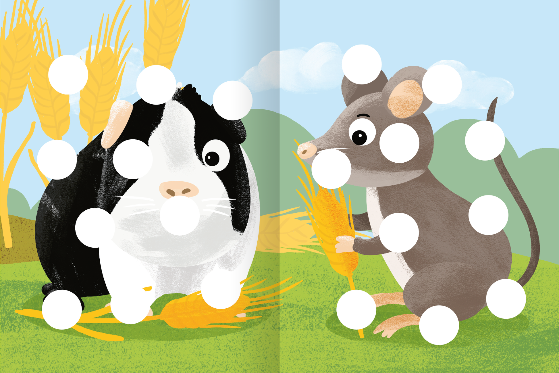 Gezeigt wird eine Innen- oder Zusatzansicht von „Meine Puzzle-Sticker – Bauernhof“. Die Illustration zeigt einen schwarz-weißen Hund und eine graue Maus, die in einer ländlichen Umgebung stehen. Im Hintergrund sind gelbe Ähren und ein blauer Himmel mit weißen Wolken zu sehen. Die Figuren sind umgeben von runden, weißen Bereichen, die darauf hinweisen, wo Sticker platziert werden können. Die Farben sind lebhaft und freundlich, und die Typografie ist kindgerecht gestaltet.