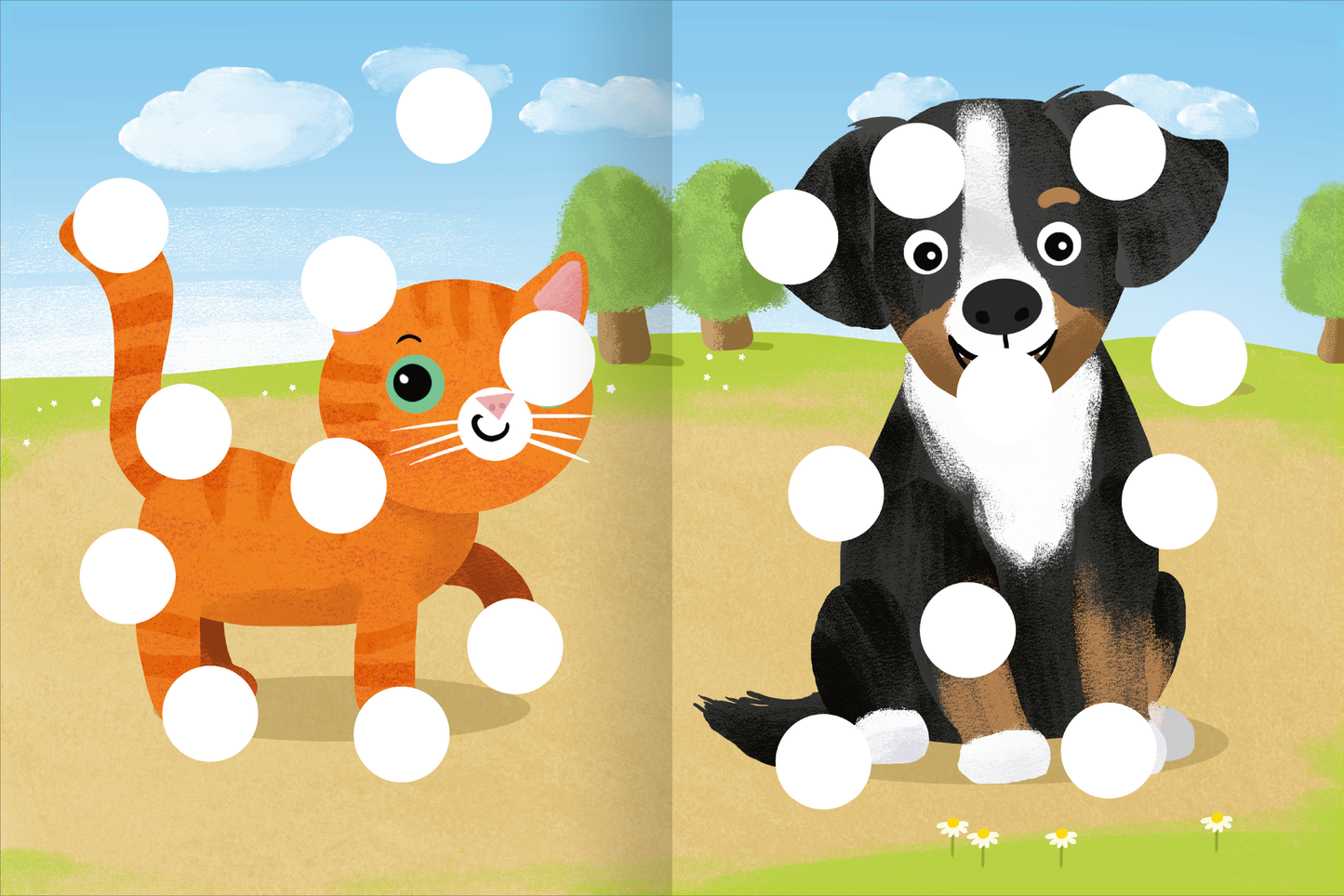 Gezeigt wird eine Innen- oder Zusatzansicht von „Meine Puzzle-Sticker – Bauernhof“. Auf der Doppelseite sind ein orangefarbener Kater und ein schwarz-weißer Hund zu sehen. Der Hintergrund zeigt eine grüne Wiese mit blauen Himmel und weißen Wolken. Über den Tieren sind große, weiße Punktmuster angeordnet, die als Rätsel zum Ausfüllen dienen. Die freundliche Illustration verwendet lebendige Farben und eine kindgerechte, verspielte Typografie.