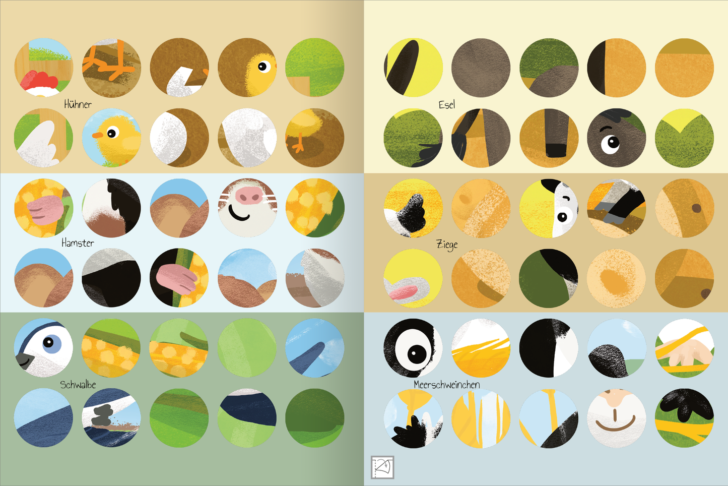 Gezeigt wird eine Innen- oder Zusatzansicht von „Meine Puzzle-Sticker – Bauernhof“. Die Seite zeigt eine Reihe runder Illustrationen mit farbenfrohen Tieren und Gegenständen vom Bauernhof. In sanften Erdtönen und hellen Farben sind unter anderem ein Huhn, ein Esel und eine Ziege abgebildet. Die Typografie ist klar und gut lesbar, beschriftet die Illustrationen mit deren Namen. Die Gesamtkomposition vermittelt eine fröhliche und einladende Atmosphäre für Kinder.