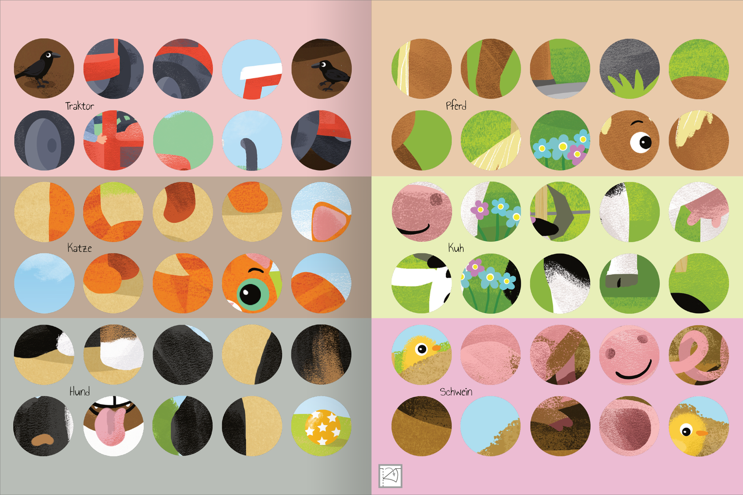 Gezeigt wird eine Innen- oder Zusatzansicht von „Meine Puzzle-Sticker – Bauernhof“. Die Illustration besteht aus runden, farbenfrohen Stickern, die verschiedene Motive zeigen, darunter Tiere wie Traktor, Pferd, Katze, Hund, Kuh und Schaf. Die Farben sind lebhaft, mit einer Mischung aus Erdtönen und frischen Grüntönen sowie kräftigen Akzenten. Die Typografie ist klar und kindgerecht, mit handschriftlichen Schriftzügen, die den jeweiligen Stickermotiven zugeordnet sind.