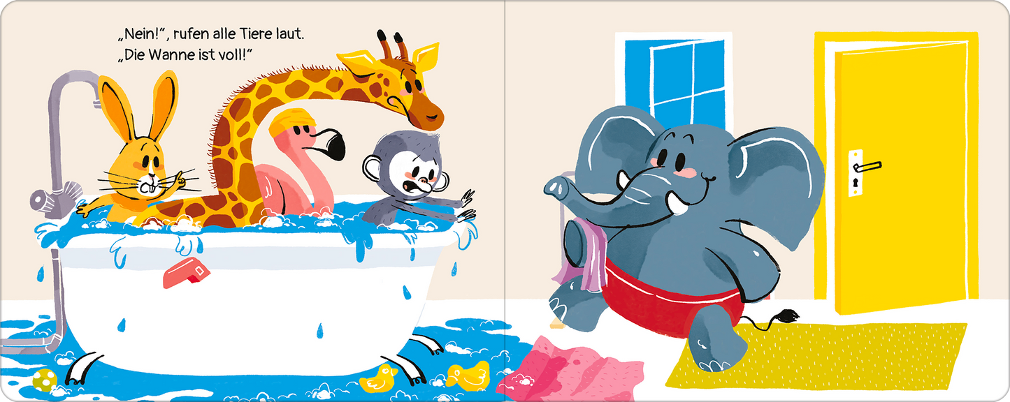 Gezeigt wird eine Innen- oder Zusatzansicht von „Platsch!“. Auf der linken Seite befindet sich eine große, überlaufende Badewanne, in der bunte Tiere – ein Kaninchen, eine Giraffe, ein Flamingo und ein Äffchen – fröhlich planschen. Die Wanne ist umgeben von Wasser und lebhaften Farben. Rechts steht ein lachender Elefant in roter Badehose und einem Handtuch, während er zur Szene hin zeigt. Der Hintergrund ist in sanften Pastelltönen gehalten, mit einem blauen Fenster und einer...
