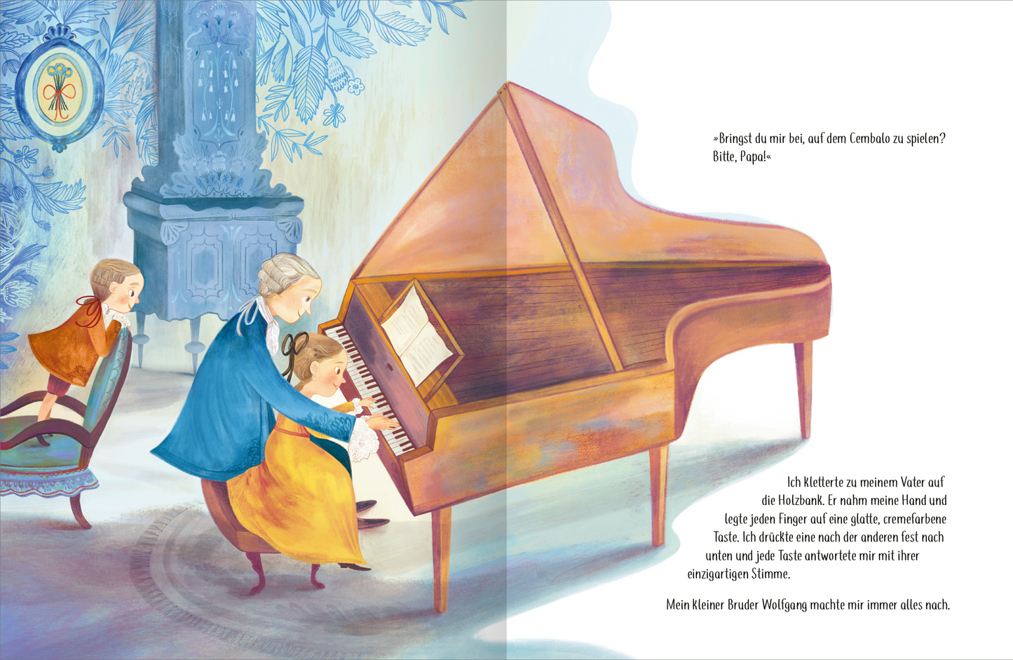 Gezeigt wird eine Innen- oder Zusatzansicht von „Ich bin Nannerl Mozart – Das vergessene Wunderkind“. Die Illustration zeigt Nannerl und ihren Vater an einem großen, eleganten Klavier in einem hellen Raum. Der Vater spielt, während Nannerl gespannt zuschaut. Die Farben sind sanft und einladend, mit blauen und erdigen Tönen, die eine warme Atmosphäre schaffen. Die Typografie ist klar und kindgerecht, mit Teilen des Textes, die die Geschichte lebendig machen.
