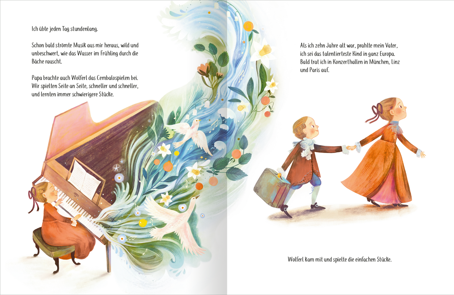 Gezeigt wird eine Innen- oder Zusatzansicht von „Ich bin Nannerl Mozart – Das vergessene Wunderkind“. Die Illustration zeigt eine harmonische Szene mit einem Klavier, von dem aus musikalische Noten und florale Elemente in einen bunten Fluss aus Blumen und Vögeln fließen. Die Farben sind lebhaft und fröhlich, mit sanften Pastelltönen. Die Typografie ist klar und kindgerecht, wodurch die Textpassagen gut lesbar sind und die Erzählung visuell unterstützt wird.