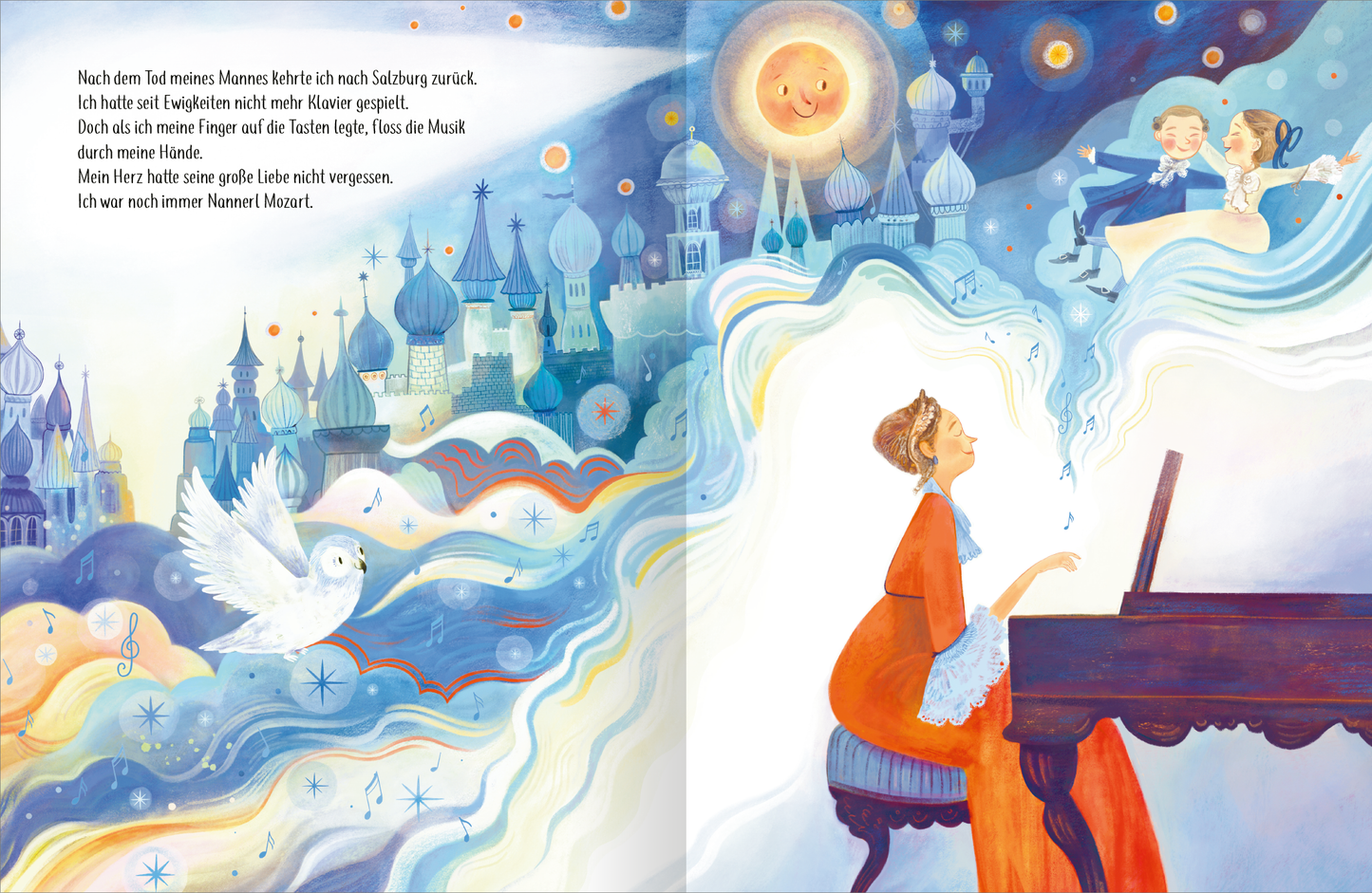 Gezeigt wird eine Innen- oder Zusatzansicht von „Ich bin Nannerl Mozart – Das vergessene Wunderkind“. Die Illustration zeigt eine träumerische Szene mit sanften Farben in Blau- und Orangetönen. In der Mitte spielt eine Frau am Klavier, umgeben von himmlischen Motiven wie Wolken und einem lächelnden Sonnenmotiv. Links sind fantasievoll gestaltete Gebäude zu sehen, während eine Taube über den Gesang der Musik schwebt. Die Typografie ist verspielt und harmonisch in die Gestaltung...