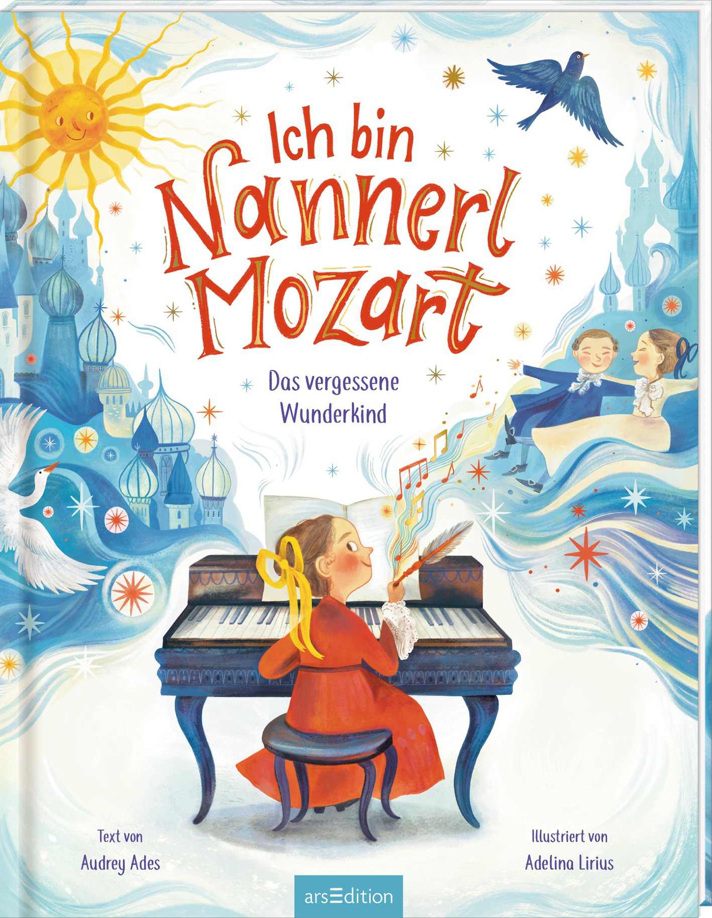 Das Buchcover zeigt ein farbenfrohes und verspieltes Design, das die Atmosphäre von Kindlichkeit und Musik vermittelt. Im Vordergrund sitzt ein Mädchen mit Zopf und einem roten Kleid an einem Klavier, während bunte Noten um sie herumwirbeln. Hinter ihr sind märchenhafte Gebäude und Wolken, in sanften Blau- und Pastelltönen dargestellt. Oben steht in einem schwungvollen Schriftzug „Ich bin Nannerl Mozart“. Darunter liest man „Das vergessene Wunderkind“. Ganz oben links strahlt eine...