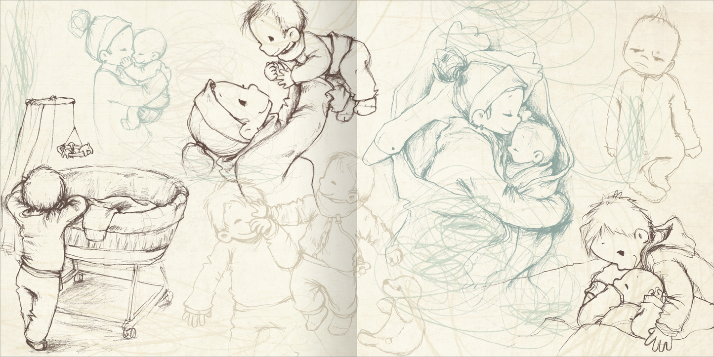 Gezeigt wird eine Innen- oder Zusatzansicht von „Der Schlafräuber“. Die Illustration präsentiert eine sanfte, skizzenhafte Darstellung von Kleinkindern und Elternfiguren in verschiedenen Situationen des Spielens und Haltens. Die Farben sind gedämpft, überwiegend in sanften Blautönen und hellen Braunnuancen gehalten. Die Typografie ist handschriftlich, wodurch eine warme und einladende Atmosphäre geschaffen wird. Die Komposition wirkt lebendig und emotional, mit fließenden Linien, die...