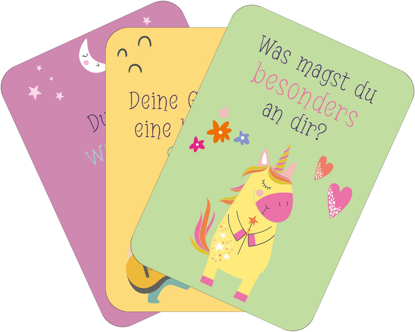 Gezeigt wird eine Innen- oder Zusatzansicht von „Mutmachkarten – Einhorn“. Die Karten zeigen eine sanfte, pastellfarbene Gestaltung in Lila, Gelb und Grün. Auf der grünen Karte steht die Frage „Was magst du besonders an dir?“ in verspielter, rosafarbener Schrift. Die gelbe Karte enthält den Text „Deine G Gedanken“, während die lila Karte „Du bist wunderbar“ in einer klaren, einladenden Typografie zeigt. Liebevolle Illustrationen von Einhörnern und bunten Motiven ergänzen...