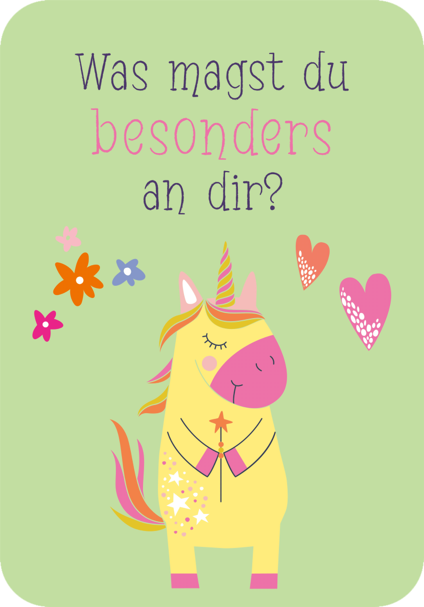 Gezeigt wird eine Innen- oder Zusatzansicht von „Mutmachkarten – Einhorn“. Die Karte zeigt ein lächelndes, gelbes Einhorn mit rosa Akzenten auf einem hellgrünen Hintergrund. Darüber steht in verspielter, blauer Schrift die Frage „Was magst du besonders an dir?“. Um das Einhorn herum sind bunte Herzen und Blumen in verschiedenen Farben angeordnet, was eine fröhliche und einladende Atmosphäre schafft. Die Schrift ist klar und gut lesbar.