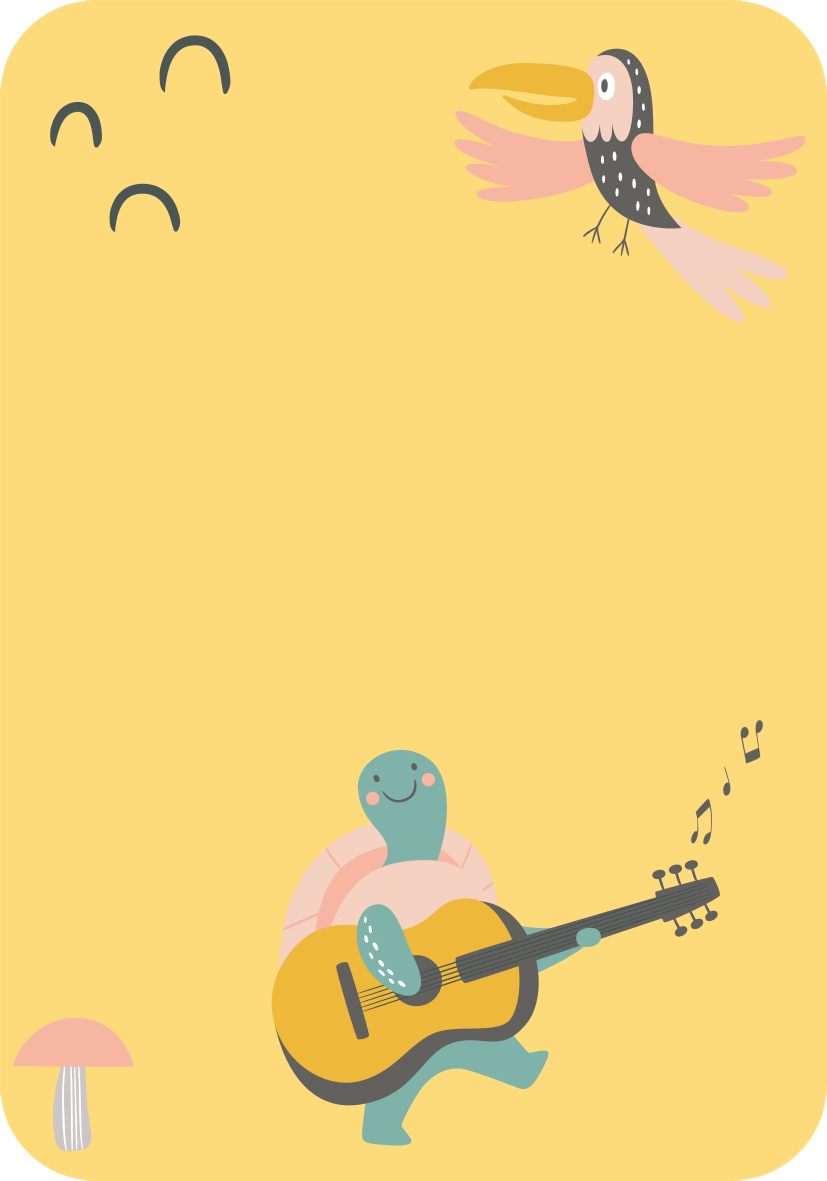 Gezeigt wird eine Innen- oder Zusatzansicht von „Mutmachkarten – Einhorn“. Die Illustration zeigt einen fröhlichen, musizierenden Schildkrötencharakter mit einer Gitarre, umgeben von einer sanft gelben Hintergrundfarbe. Oben fliegen zwei Vögel, einer in kräftigen Farben, der andere mit einem schwarzen Kopf. Links unten ist ein kleiner, rosa Pilz abgebildet. Die Farbpalette ist freundlich und einladend, während die verspielte Typografie eine positive Botschaft vermittelt.