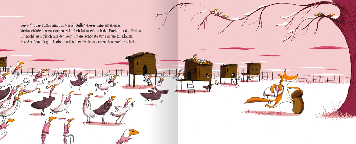 Gezeigt wird eine Innen- oder Zusatzansicht von „Wie sich die Weihnachtsgans vor dem Ofen rettete“. Die Szene zeigt eine verschneite Landschaft mit einem rosa Himmel. In der Mitte sind viele verschiedene Gänse in unterschiedlicher Farbgebung zu sehen, darunter Weiß, Braun und Schwarz. Im Hintergrund stehen mehrere kleine, dunkle Hütten. Rechts im Bild sind ein Fuchs und eine Eichel abgebildet, die an einem Baumstamm lehnen. Die Illustrationen sind kindgerecht und verspielt, mit...