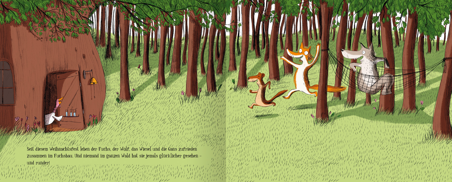 Gezeigt wird eine Innen- oder Zusatzansicht von „Wie sich die Weihnachtsgans vor dem Ofen rettete“. Die Illustration zeigt eine Waldszene mit dicht stehenden Bäumen und einem grünen, saftigen Grasboden. Links ist eine kleine, gemütliche Hütte angedeutet, während rechts ein fröhlicher Hund und ein aufgeregter Fuchs sichtbar sind. Der Wolf, gefangen in einem Netz, steht ebenfalls im Fokus. Die Farben sind lebhaft, mit dominierenden Grüntönen und warmen Erdtönen, die eine einladende...