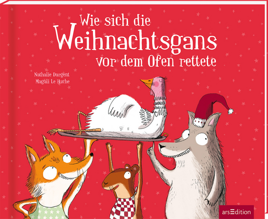 Das Buchcover zeigt eine fröhliche Szene mit einer Weihnachtsgans, die auf einem Holzbrett balanciert. Um sie stehen drei Tiere: ein Hund, ein Eichhörnchen und ein Fuchs, die alle mit freundlichen Gesichtsausdrücken zuschauen. Der Hintergrund ist leuchtend rot mit weißen Punkten. Die Schrift für den Titel „Wie sich die Weihnachtsgans vor dem Ofen rettete“ ist verspielt und in weiß gehalten. Oben rechts ist ein SPIEGEL-Bestseller-Button sichtbar. Ganz unten mittig steht der...