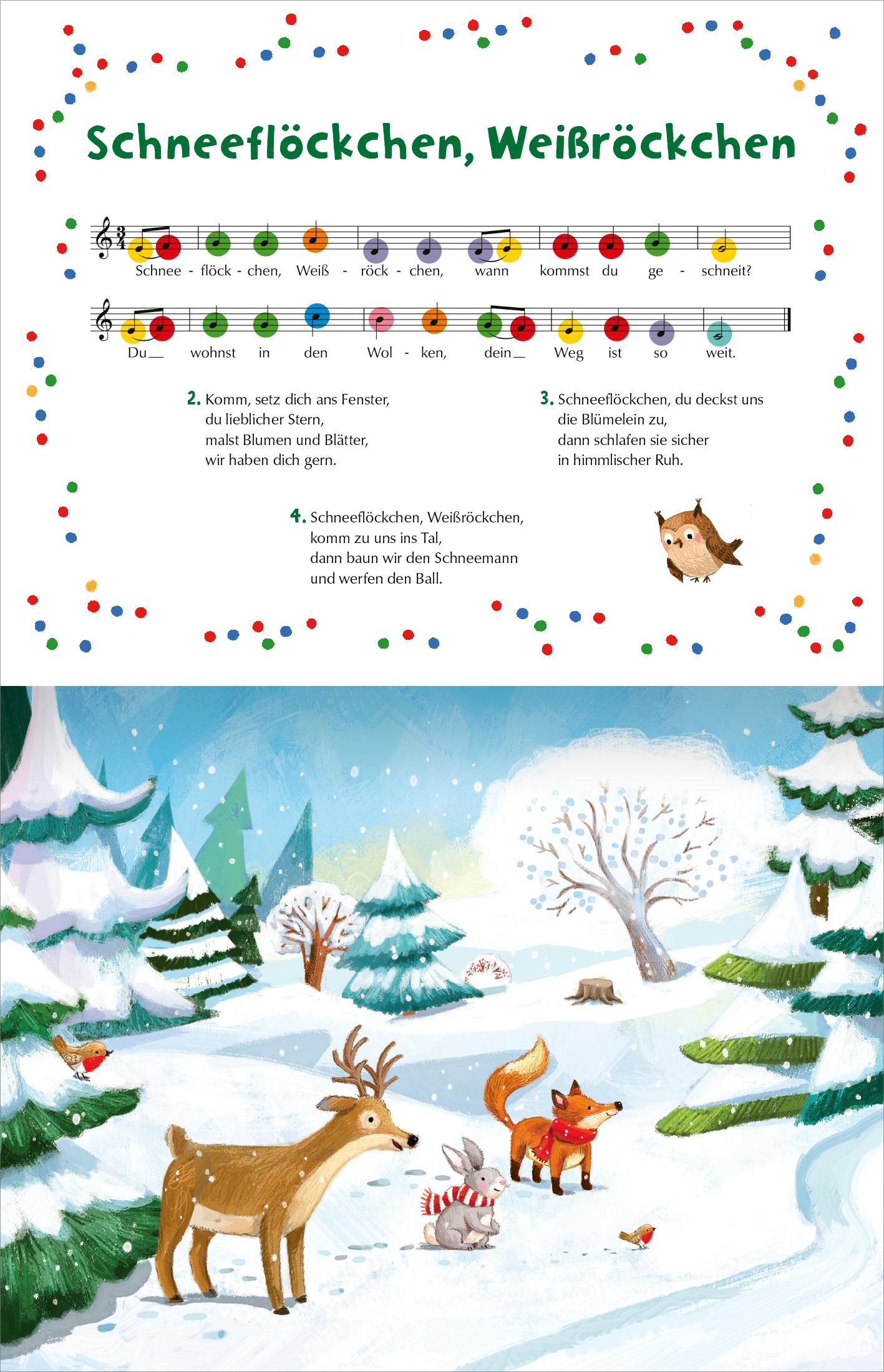 Gezeigt wird eine Innen- oder Zusatzansicht von „Mein Weihnachts-Klavierbuch“. Die Seite enthält den Text und die Noten für das Lied „Schneeflöckchen, Weißröckchen“, dargestellt in einer gut lesbaren, großen Schrift in einem sanften Grüngrau. Oben sind bunte Kreise in verschiedenen Farben angeordnet, die visuelle Akzente setzen. Unten ist eine winterliche Landschaft mit schneebedeckten Tannen und niedlichen Tieren wie einem Rentier und einem Fuchs, die in einer fröhlichen,...