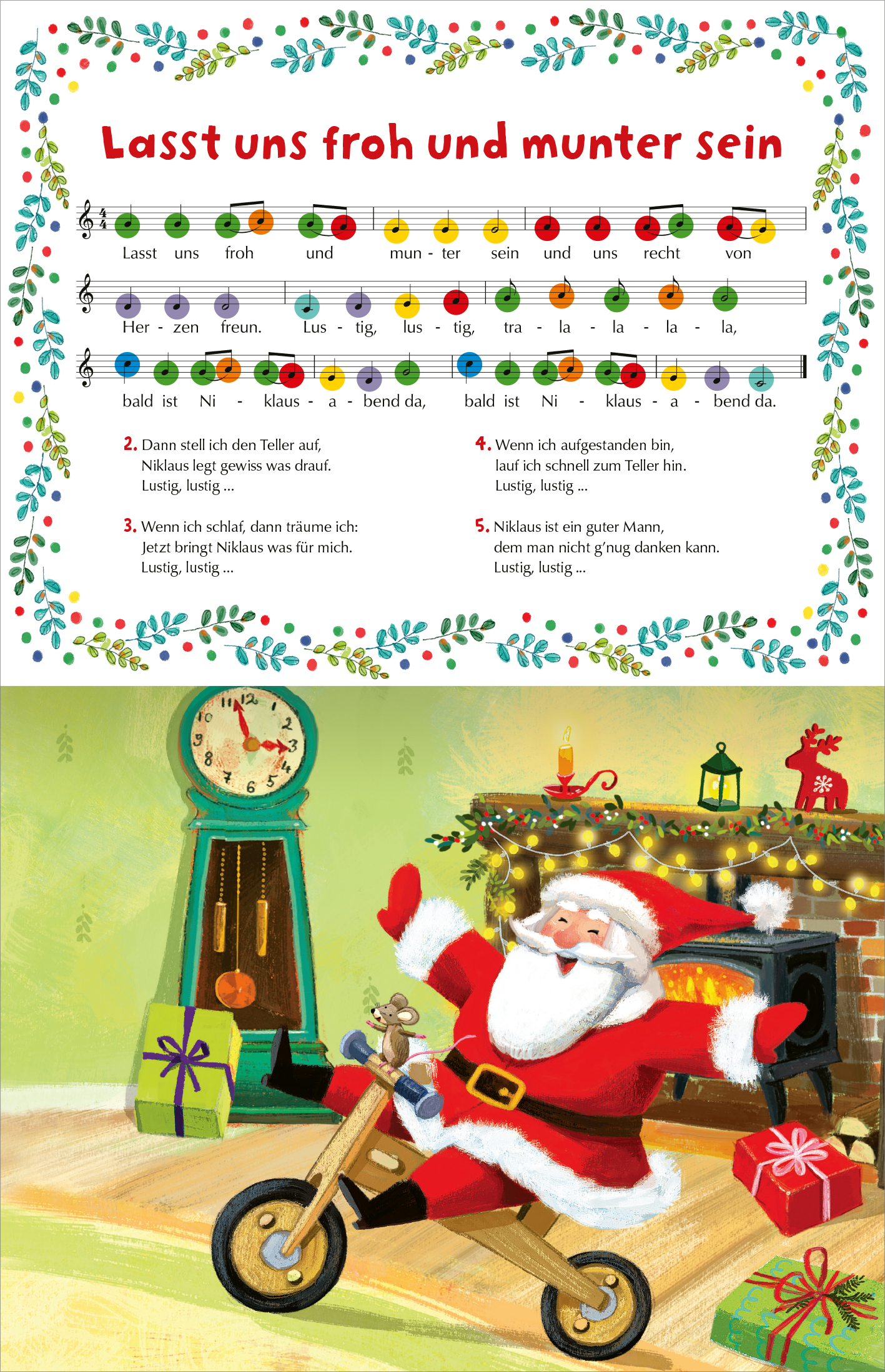Gezeigt wird eine Innen- oder Zusatzansicht von „Mein Weihnachts-Klavierbuch“. Oben ist der Text sowie die Noten zu „Lasst uns froh und munter sein“ abgebildet. Die Noten sind farblich markiert und durch eine weihnachtliche Umrandung verziert. Unten ist eine fröhliche Illustration von Santa Claus zu sehen, der auf einem Spielzeugmotorrad fährt. Der Hintergrund zeigt einen festlich dekorierten Raum mit einem Kamin, Geschenken und einer Uhr. Die Farben sind kräftig und weihnachtlich,...