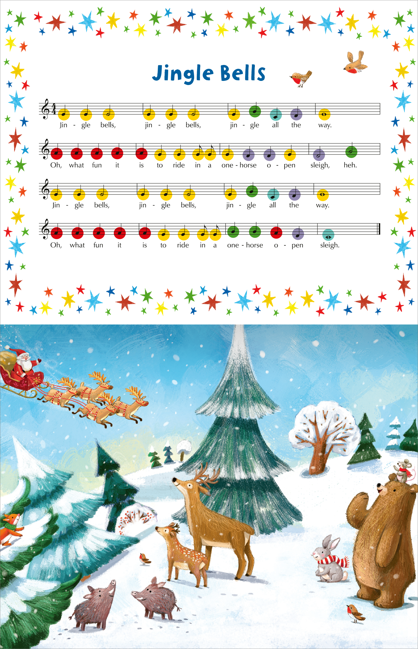 Gezeigt wird eine Innen- oder Zusatzansicht von „Mein Weihnachts-Klavierbuch“. Auf der oberen Seite sind die Noten für „Jingle Bells“ abgedruckt, umrahmt von bunten, sternförmigen Illustrationen in Rot, Gelb, Blau und Grün. Die Noten sind farblich kodiert, was das Spielen erleichtert. Auf der unteren Seite ist eine winterliche Szene mit geschneiten Bäumen, Tieren und einem Schlitten zu sehen, der von Rentieren gezogen wird, was eine festliche Stimmung vermittelt.