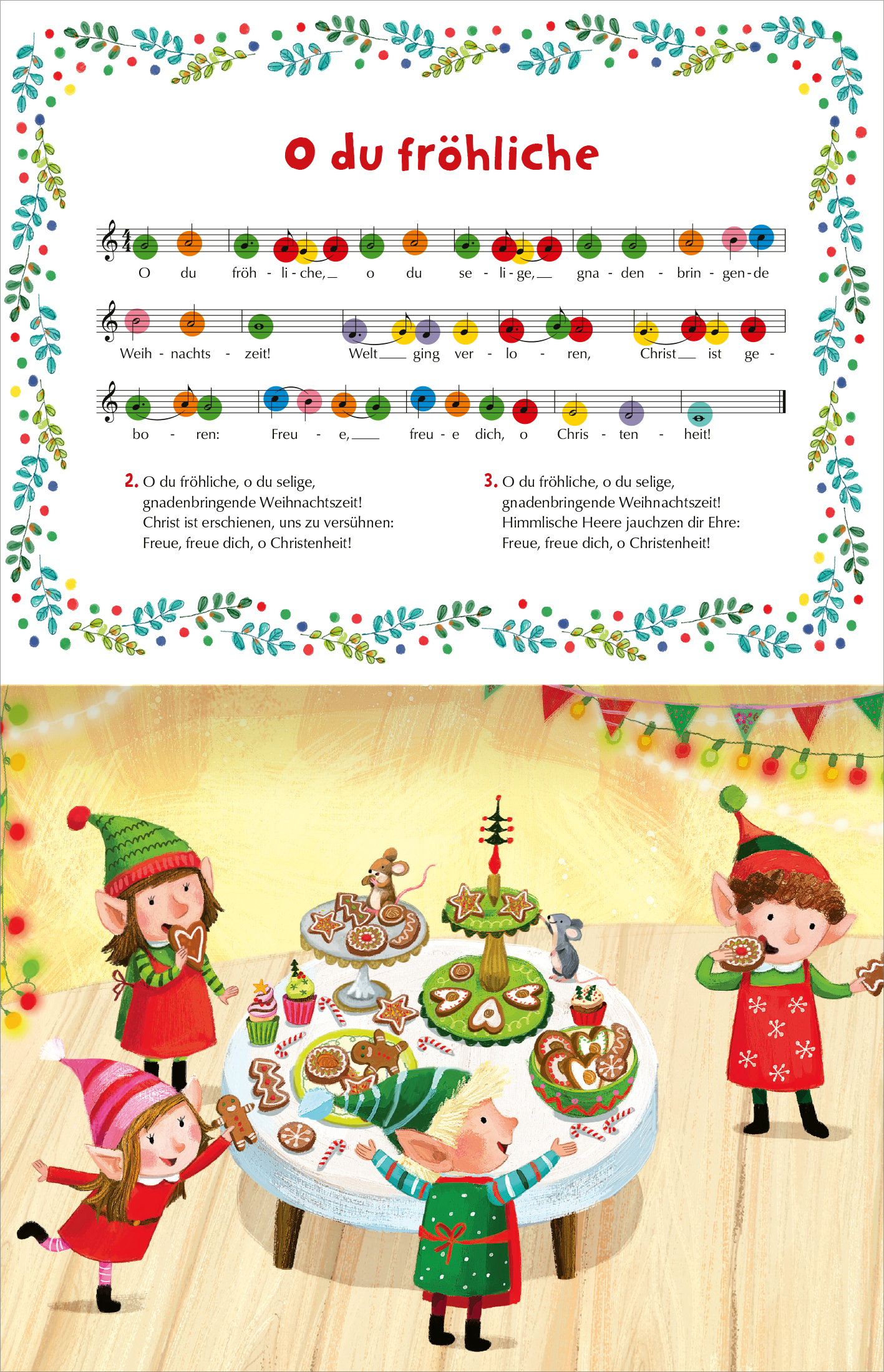 Gezeigt wird eine Innen- oder Zusatzansicht von „Mein Weihnachts-Klavierbuch“. Oben sind Noten für das Lied „O du fröhliche“ auf einem bunten Notensystem abgebildet, umrahmt von einem festlichen, grünen Blätterrahmen. Darunter zeigen drei fröhliche Elfchen mit Weihnachtsmützen den Tisch voller Leckereien, darunter Plätzchen und ein Lebkuchenbaum. Die kräftigen Farben wie Rot, Grün und Gelb verleihen der Seite ein lebhaftes und einladendes Aussehen. Die Typografie ist...